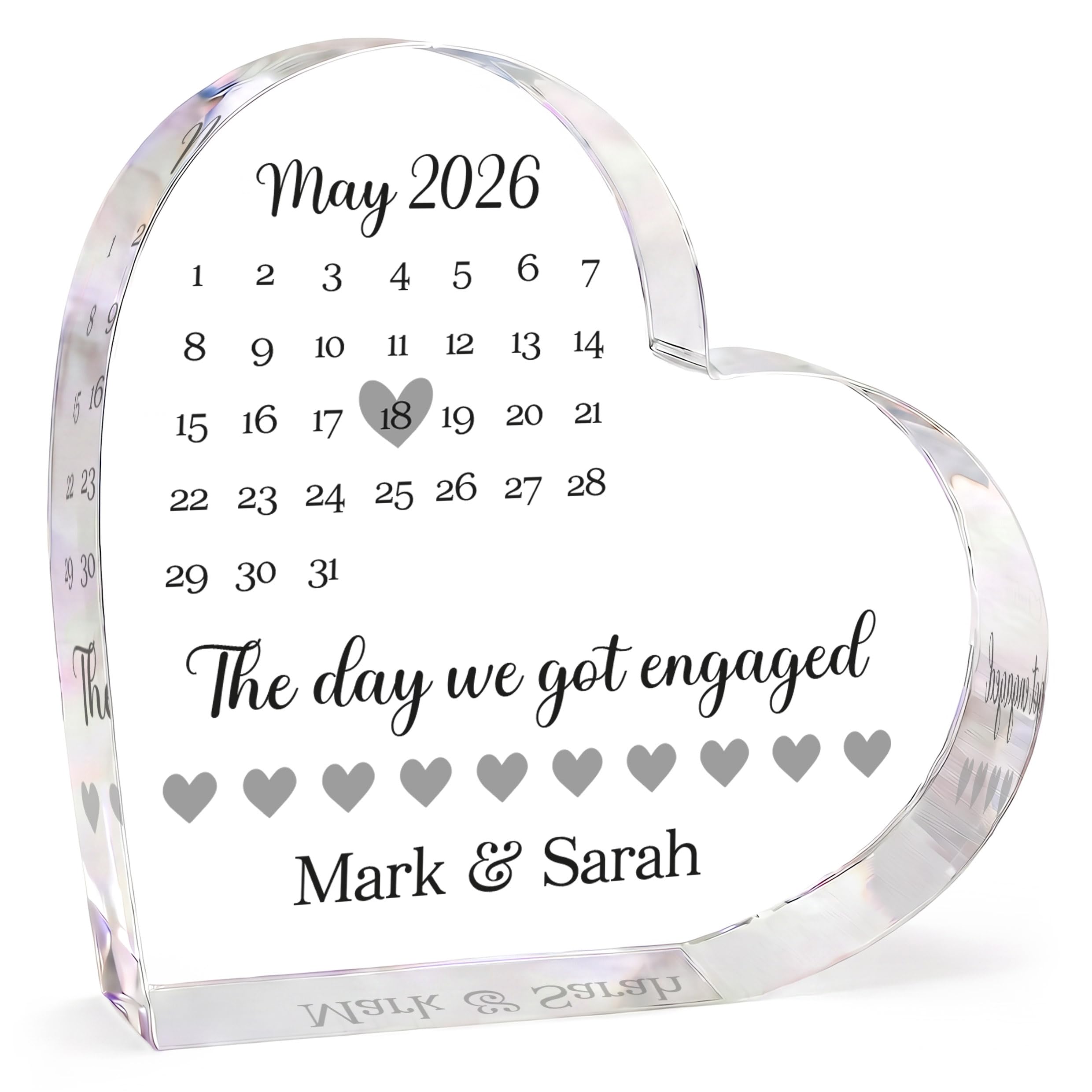 Beecreative Personalised Engagement Gifts for Couples - Custom Clear Heart Block of The Day We Got Engaged - Personalised Engagement Present for Him and Her - With Grey Gift Bag