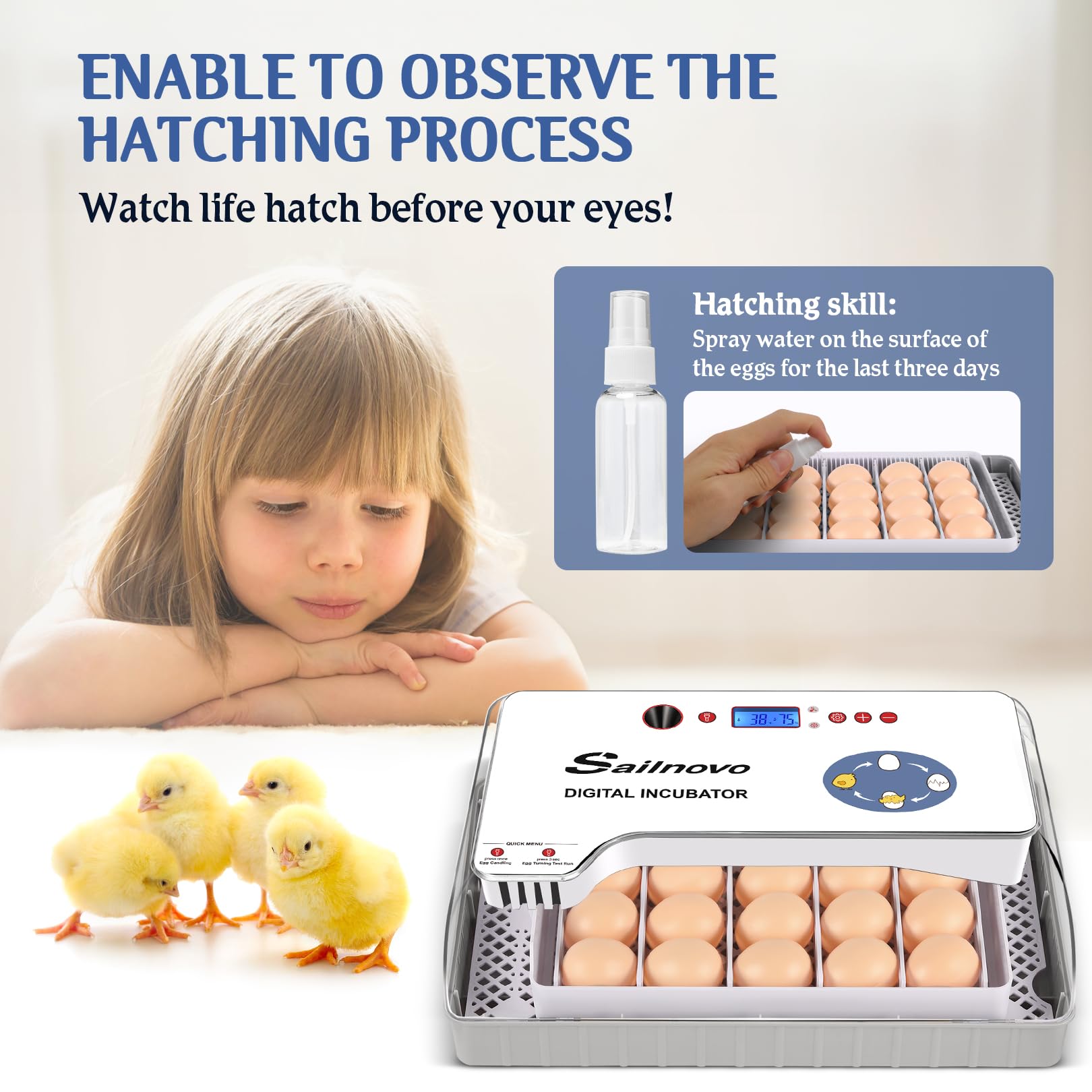 Sailvono 20 Incubateur entièrement automatique, avec ajout d'eau externe, contrôle de la température, éclairage LED, retournement automatique des œufs, de poules - Blanc