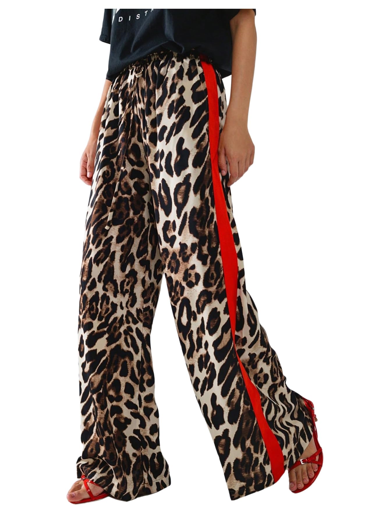 SHENHE Womens Cheetah Print Wide Leg Baggy Pants Y2k Side Loose Streetwear Trousers