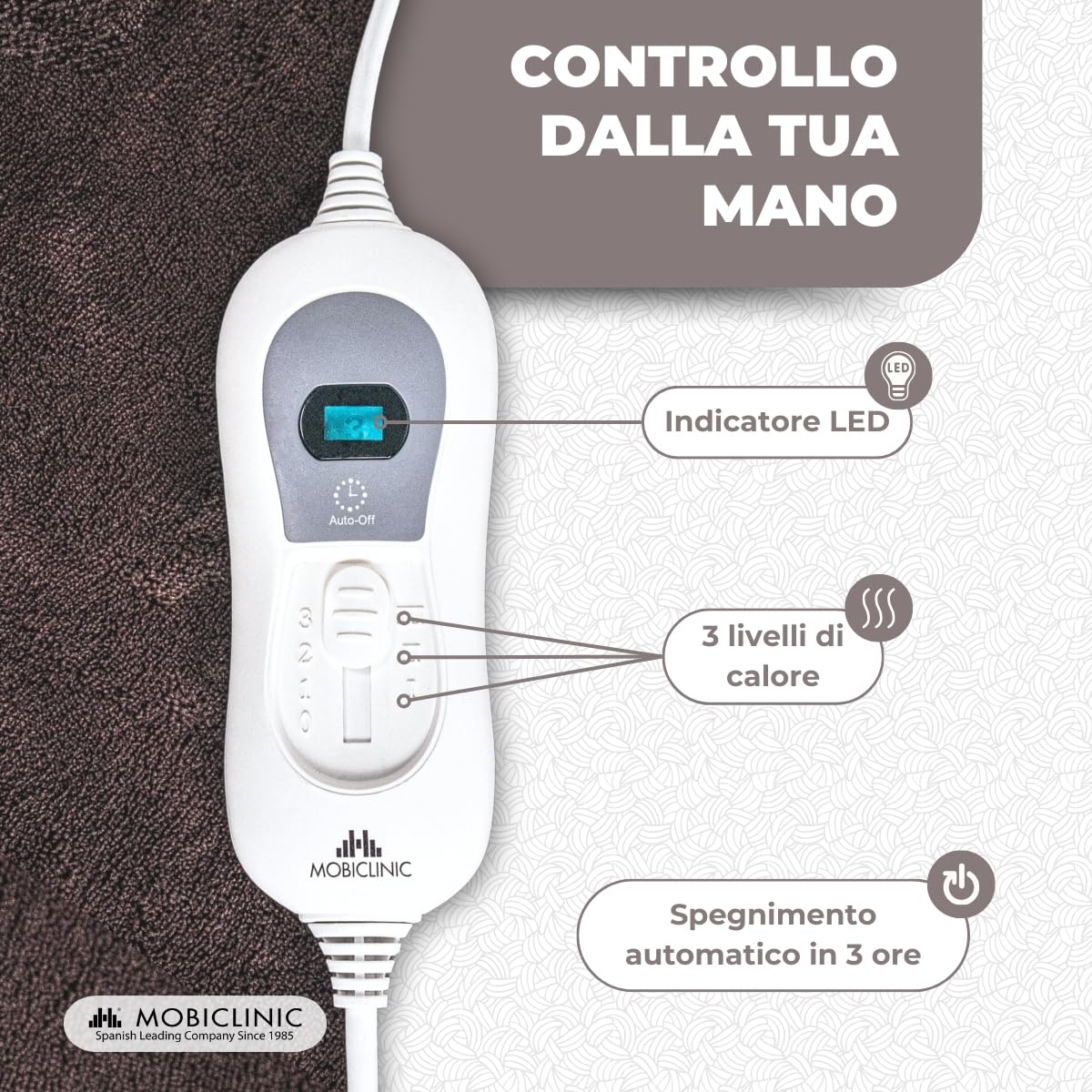 Mobiclinic, Coperta elettrica, Termica con telecomando, Consumo molto basso, 160x120 cm, Temperatura regolabile su 3 livelli, Per letto e divano, Lavabile, Spegnimento automatico