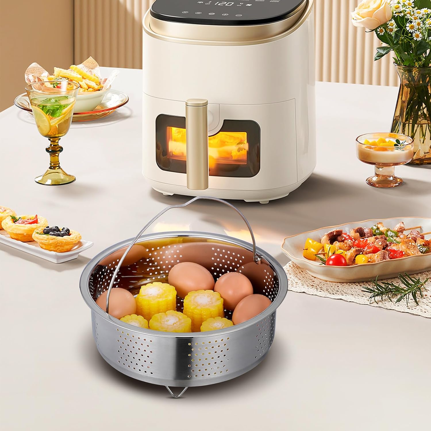 Toyvian Stainless Steel Steamer Basket Insert 8.66 inch Vegetable Food Steamer Basket for Rice Dumplings Eggs Fish Seafood Corn Drainable Steaming Rack with Handle