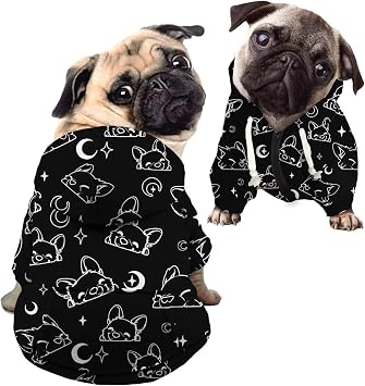 Black Corgi Dog French Bulldog Clothes Hoodies, Cartoon Line Drawing Corgi Pug Boston Terrier Sweatshirt Moon Stars Cute Corgi Lovers Pullover Puppy Clothing - M