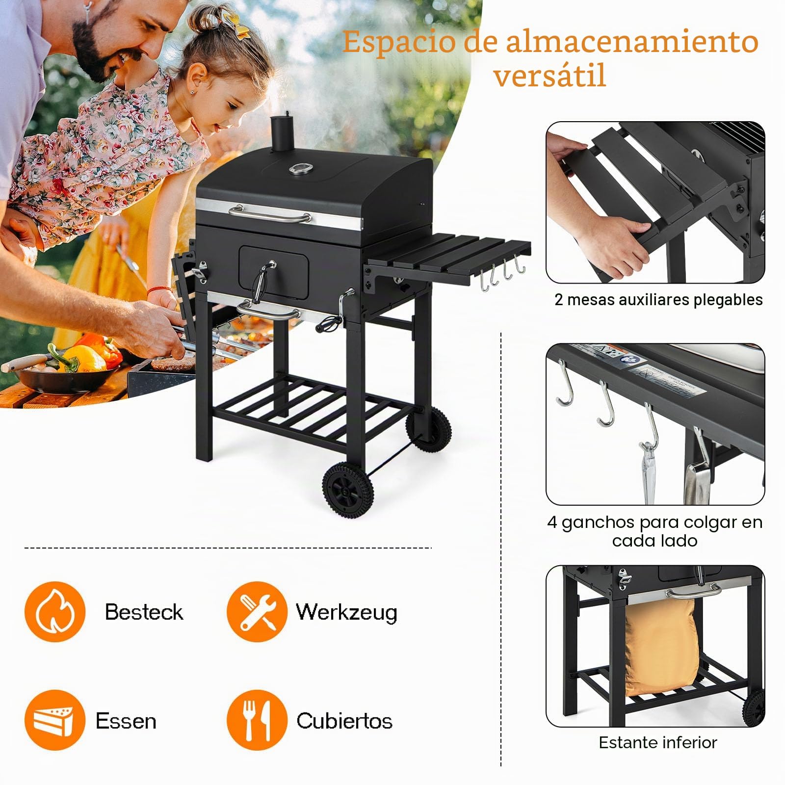 GOPLUS Barbacoa de carbón con tapa, carro de barbacoa con 2 ruedas con 2 mesas laterales plegables, 8 ganchos, termómetro y abrebotellas, parrilla BBQ para picnic, fiesta, camping, jardín y terraza