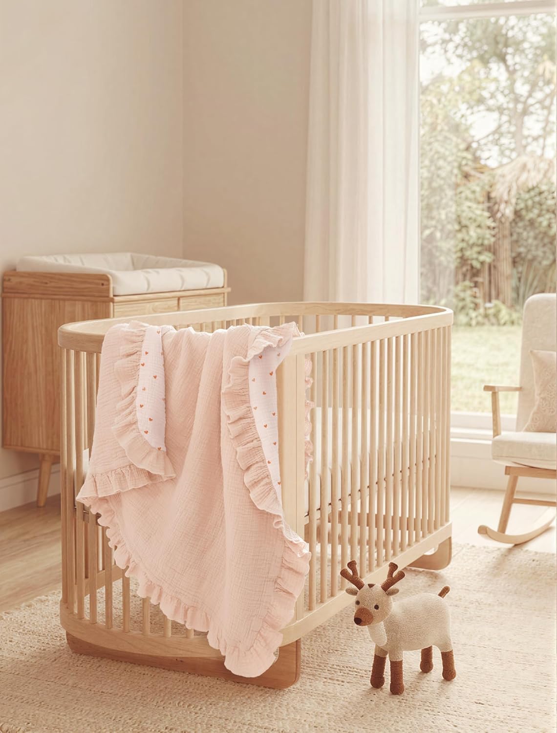 lulumoon Muslin Ruffle Baby Blanket - Soft Breathable 100% Cotton Newborn Wrap for Stroller Travel & Car Seat - Ideal for Photography & Nursery Decoration 40"x36"(Pink Heart)