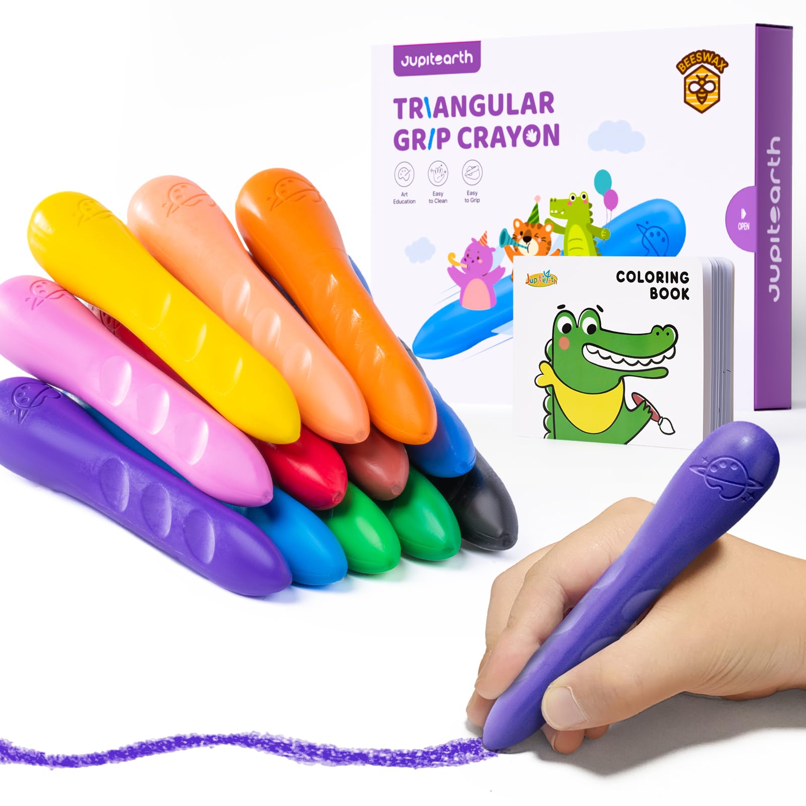 JUPITEARTH 12 Colors Crayons for Kids Ages 4-8 with Coloring Book & Bonus Stickers, Non-Toxic & Washable Triangle Crayons for Toddlers 1-3, Fat Brain Toys for Art Supplies and Ideal Gifts for Kids