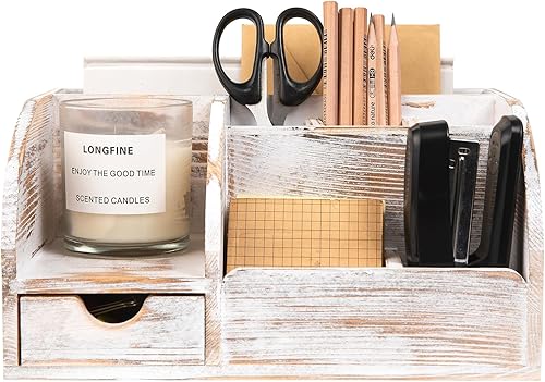 Miniatura 2 de Organizador de suministros y accesorios de escritorio de oficina, organizador de escritorio de madera con 6 compartimentos y 1 cajón para carpetas,