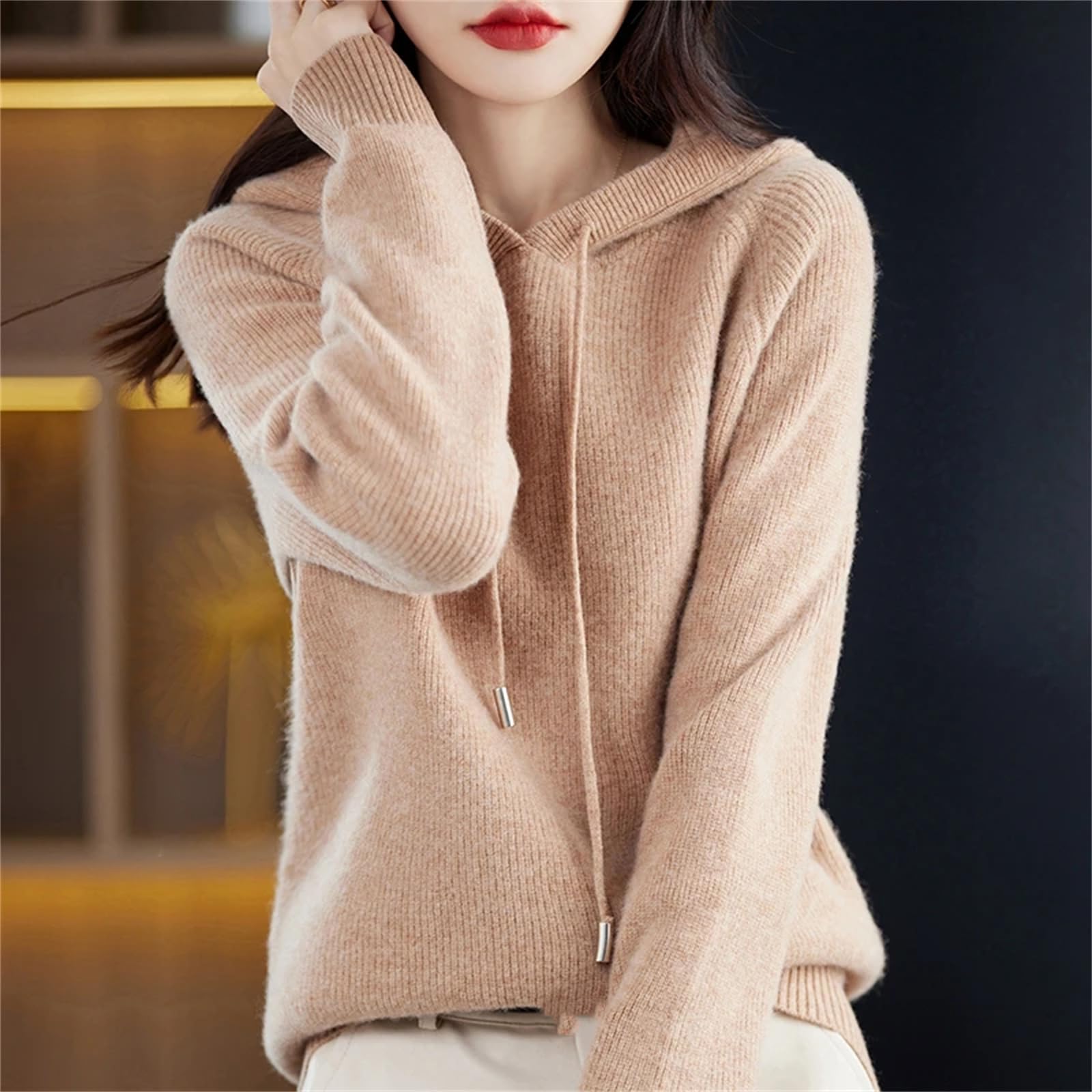 Yeuyyben Maglione da donna in cashmere con cappuccio a maniche lunghe in maglia invernale con cappuccio Pullover in cashmere tinta unita, Marrone e grigio., S