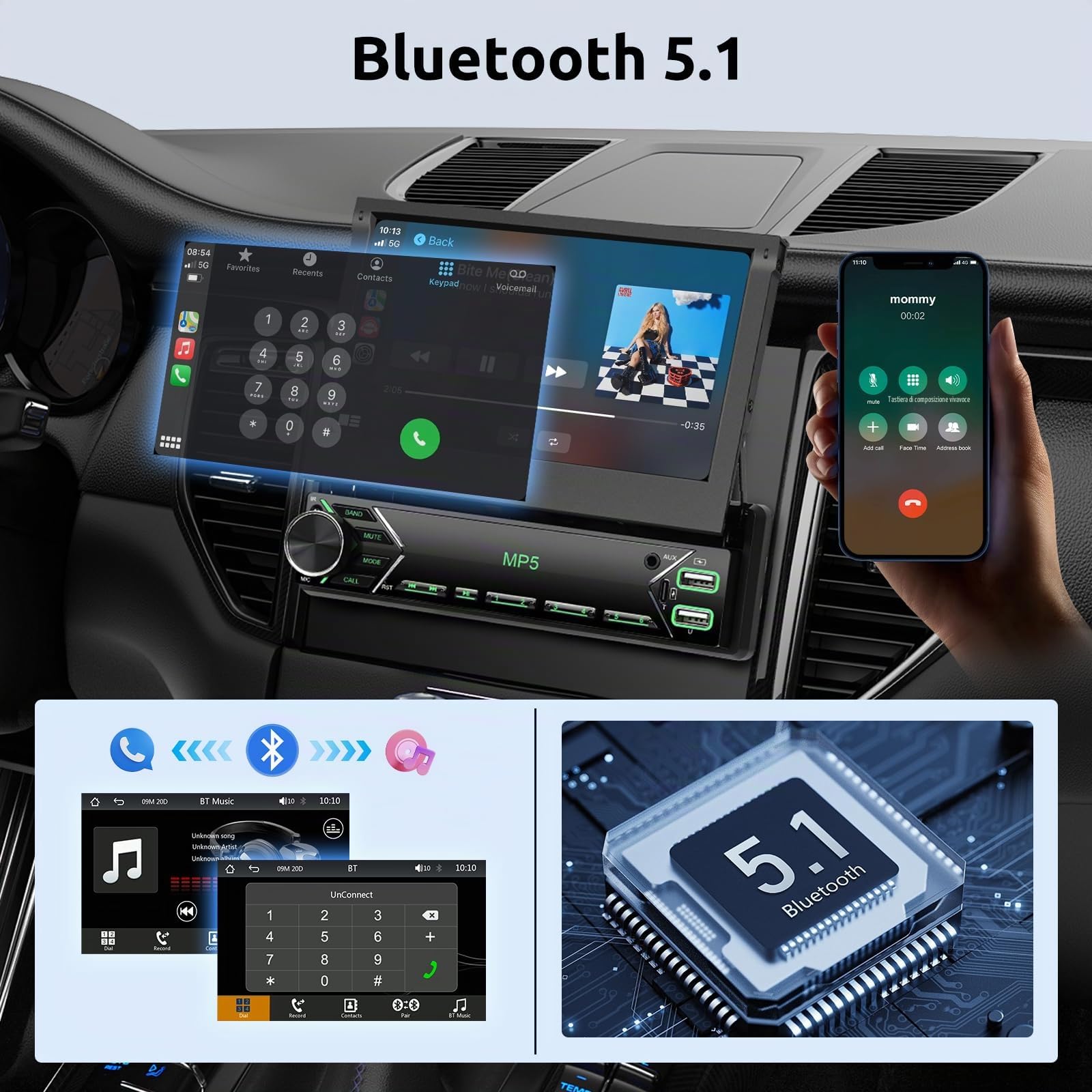 VECHTEL Autoradio 1 Din con wired Carplay Android Auto, Schermo Tattile Pieghevole da 7 Pollici IPS Bluetooth Stereo Auto, Radio FM, Mirror Link, USB, SWC, Mic, Telecamera Posteriore
