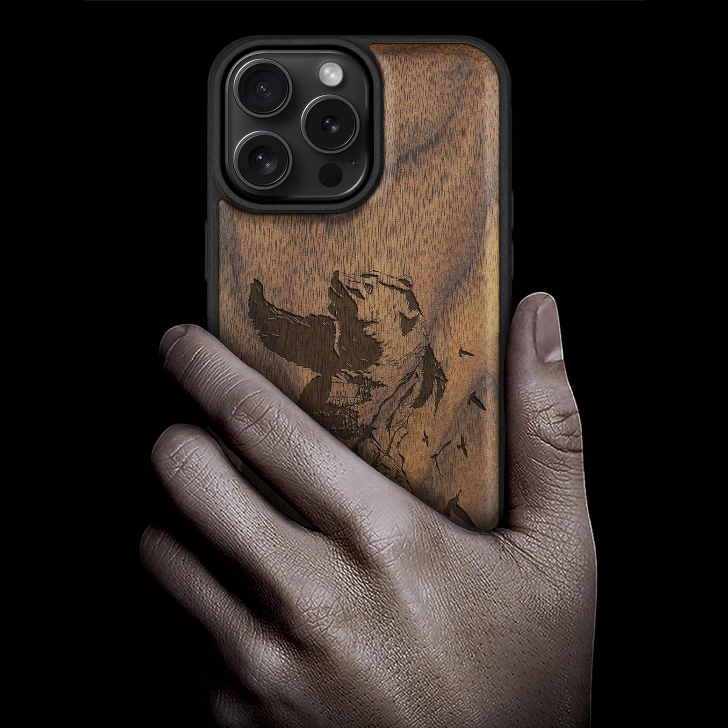 Carveit Magnetic Wood Case for iPhone 16 Pro Max [Solid Wood & Black Soft TPU] Shockproof Protective Cover Unique Wooden Case Compatible with magsafe (Bear and Valleys -Walnut)
