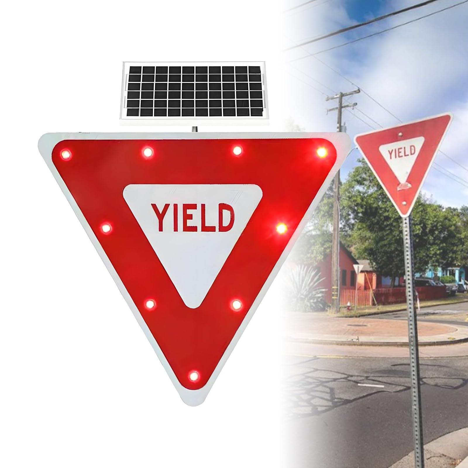 Señal De Ceda El Paso LED De 61 Cm/71 Cm, Señal De Ceda El Paso LED Intermitente con Energía Solar, Señal De Tráfico LED Intermitente De Aluminio Reforzado 28''