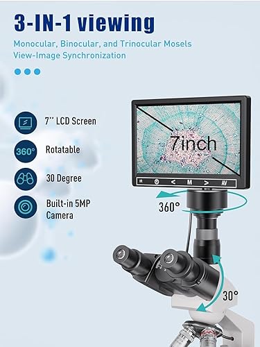 Miniatura 2 de Microscopio compuesto trinocular de laboratorio con aumento 40X-2500X, microscopio de doble visión para adultos, niños y estudiantes con pantalla de
