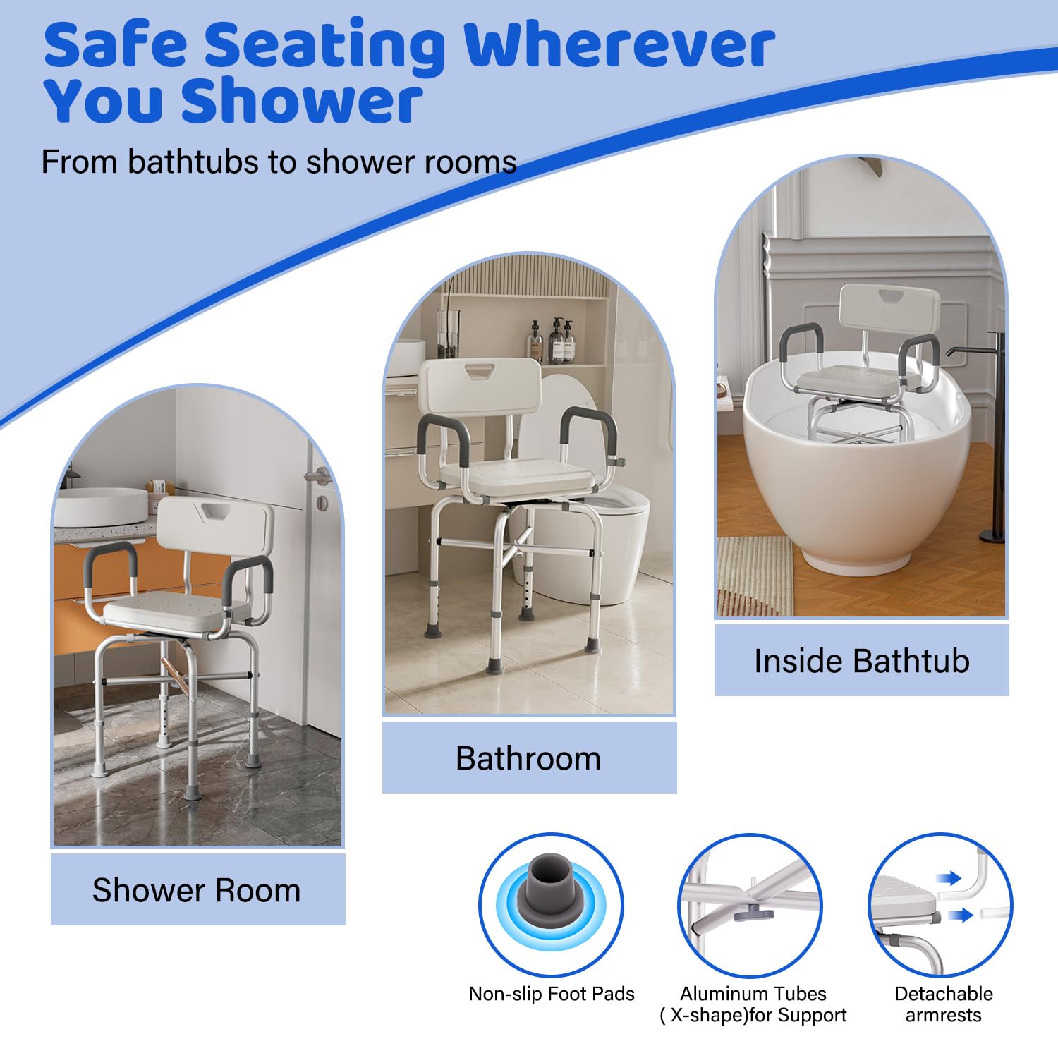 Silla de ducha giratoria de 360° para ducha interior, silla de ducha giratoria de 500 libras con brazos y respaldo, silla de ducha de altura ajustable para ancianos y discapacitados con taburete de | Silla de ducha con brazos y respaldo, altura ajustable,