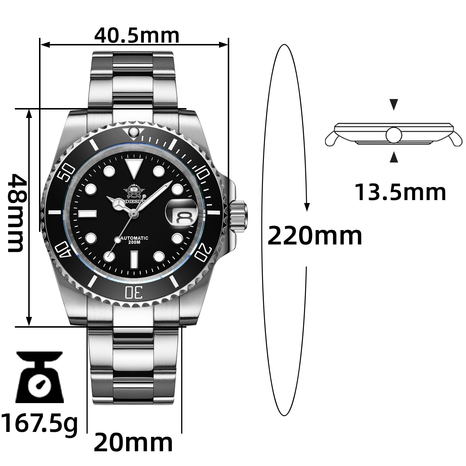 ADDIESDIVE Herren Automatikuhr Taucher Unterwasser 200m Leuchtuhr NH35A/8215 Uhrwerk Edelstahluhr