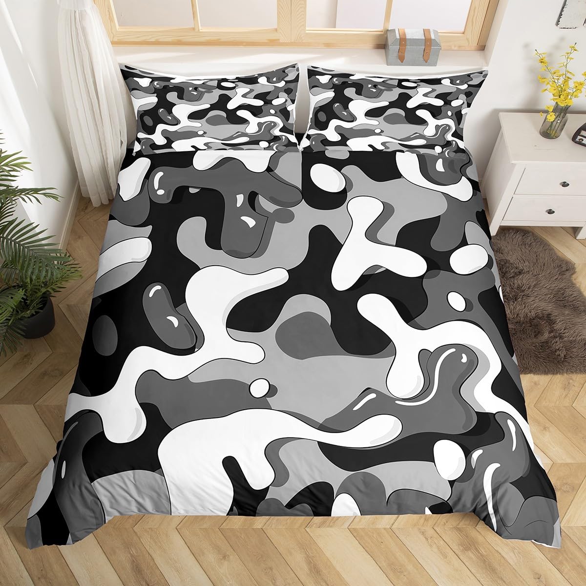 Homemissing Grey White Camouflage Duvet Cover Set Cot Size Abstract Camo Duvet Cover for Boys Girls Luxury Modern Art Bedding Set 2Pcs Stripe Line Room Decor โ image 1