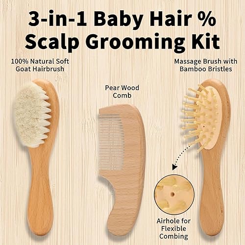 Miniatura 2 de Juego de cepillos de pelo de cabra para bebé, peine de madera para masaje, peine de cuero cabelludo, kit de cuidado natural seguro para el cabello,