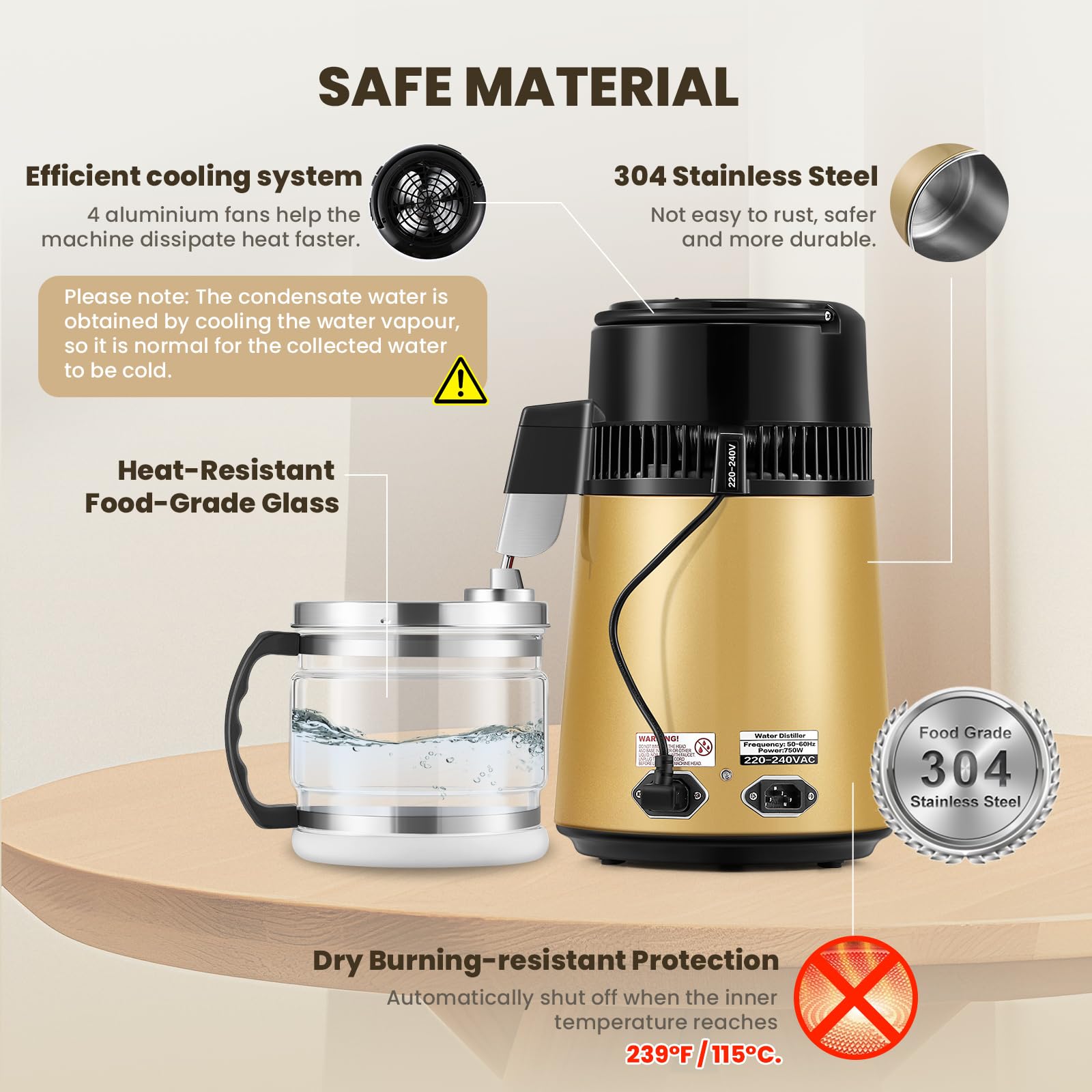 Hanchen Destilador de Agua 4L Acero Inoxidable Purificador de Agua con Jarra de Vidrio 1L/H Máquina de Agua Destilada para Hogares Laboratorios Industrias (Dorado)