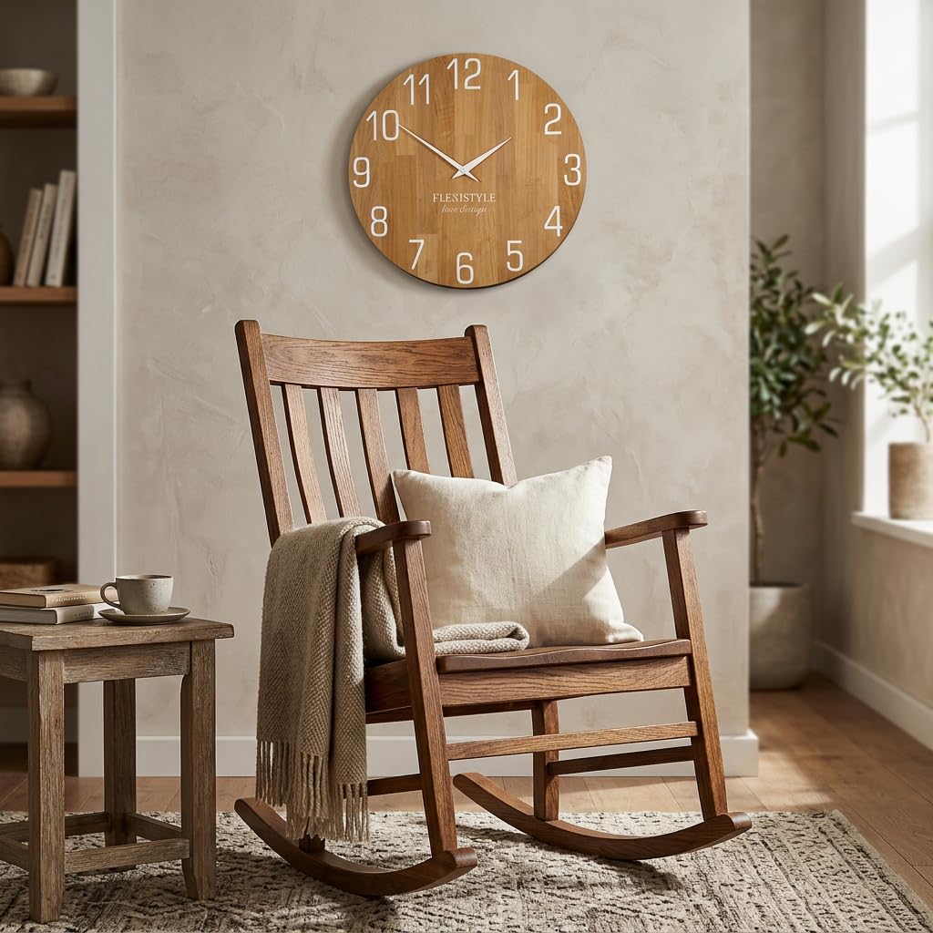 FLEXISTYLE Horloge Murale Naturelle diamètre Aspect Bois 100% chêne, Bois Moderne, Salon, sans Bruit de tic-tac … (50 cm, Blanc)