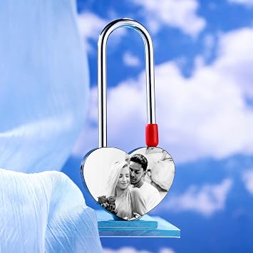 Personalized Heart Shaped Love Lock Engraving Photo Text for Couples Custom Picture Aluminum Memorial Padlock Love Bridge Valentine Boyfriend Girlfriend Lover Gift Black