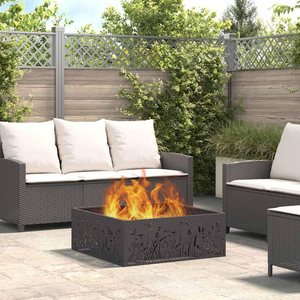 Brasero negro de acero 80 x 80 x 30 cm, resistente a la intemperie y a la corrosión, portátil para jardín y terraza, moderno brasero para noches acogedoras al aire libre
