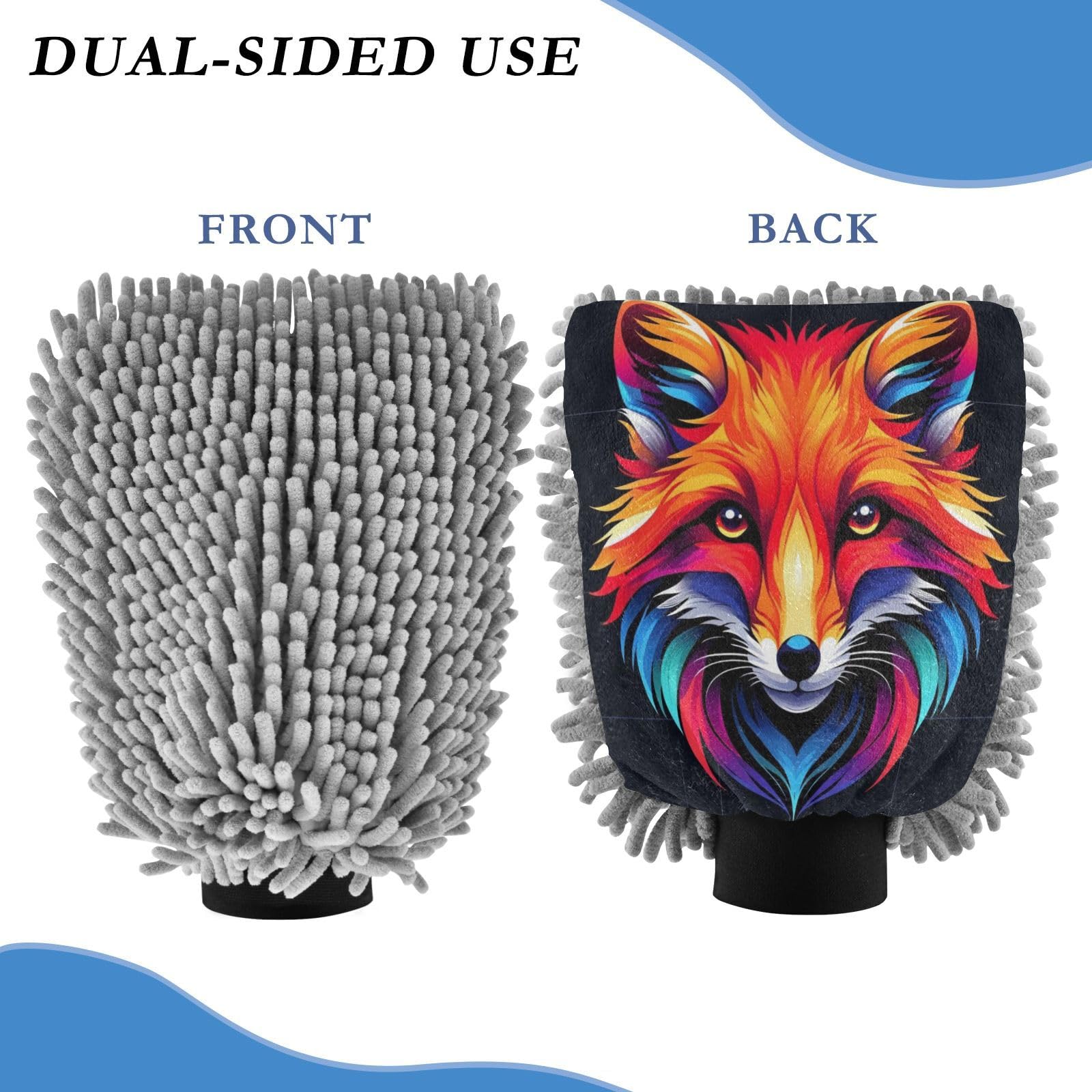 ALAZA Fox Portrait Car Wash Mitt Scratch Free, 2 Pack Absorbent Microfiber/Chenille Washing & Drying Mitts, M