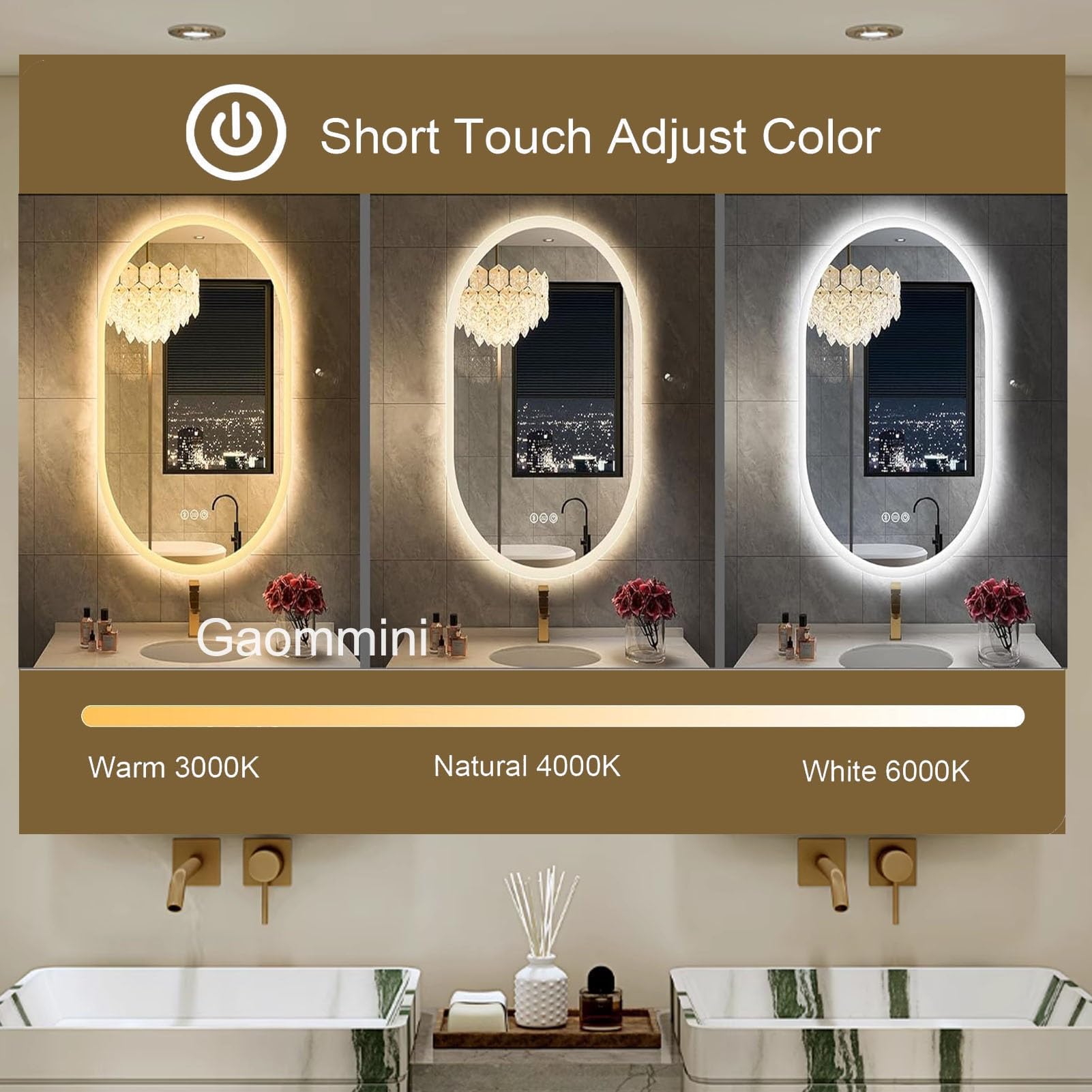 Espejo de Maquillaje Dorado con luz para Techo, Espejo Ovalado con Marco de Metal y Luces LED, Espejo de tocador de baño suspendido con Barra para Colgar en el Techo.(40cmx70cm)