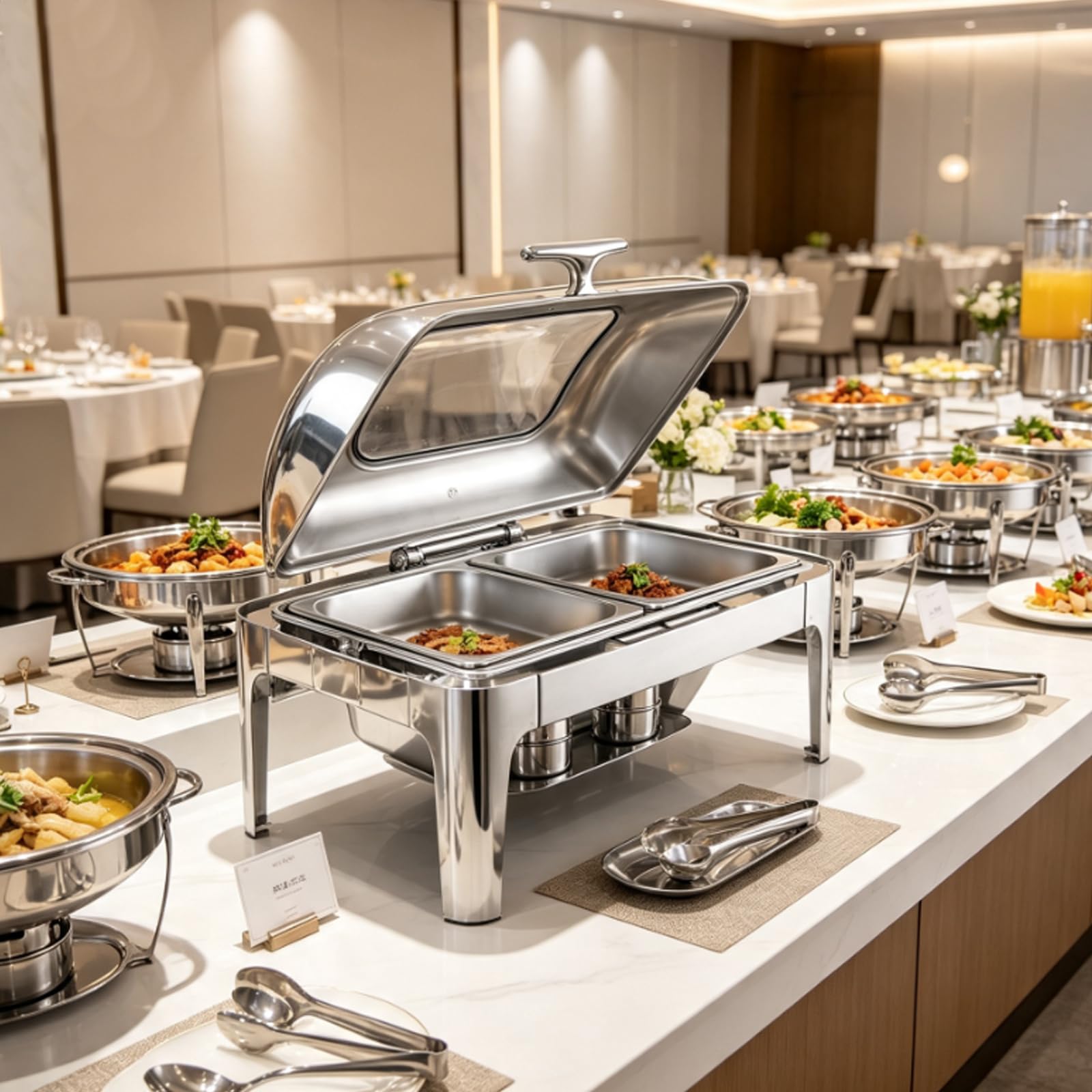 Paquete de Platos de 9 L para bufé, Catering, Calentador de Alimentos | sartén fría y caliente con soporte para tapa, juego de platos de cena de acero inoxidable grueso, servidor de buffet