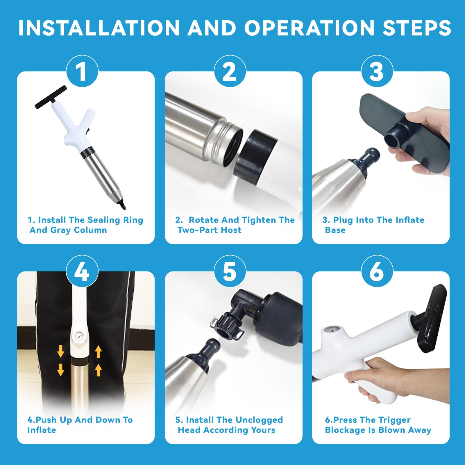Déboucheur de Canalisations Haute Pression (4 Adaptateurs), Pompe à Détartrage Professionnelle avec Compression d'Air et Manomètre– Pour Toilettes, Évier, Douche, Cuisine – Anti-Bouchon Tuyauterie