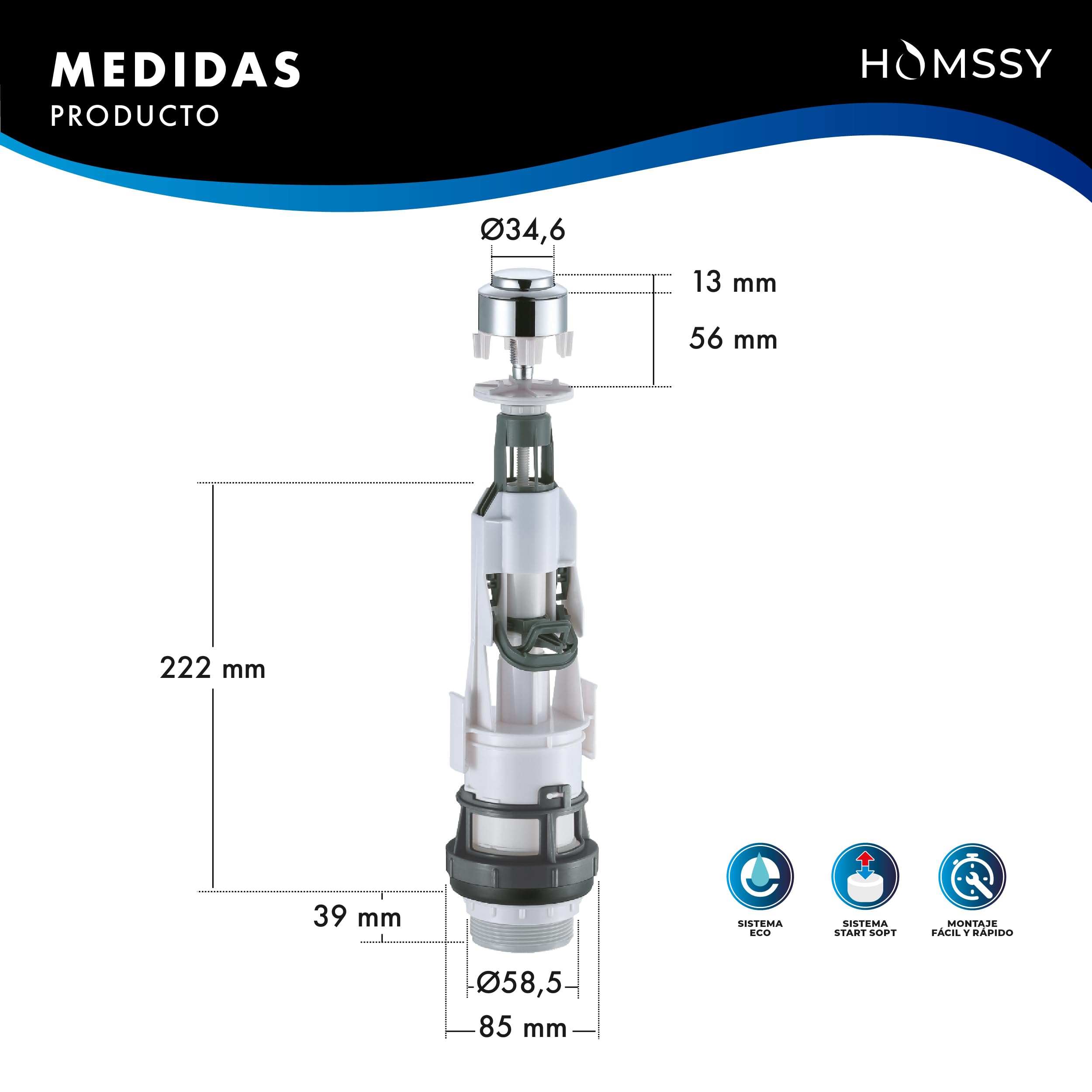 Mecanismo Cisterna WC Start Stop Universal D-126 – Válvula Descarga Interrumpible ECO, Ahorro de Agua, Instalación Fácil, Compatible con Diferentes Bases de Cisterna - 4
