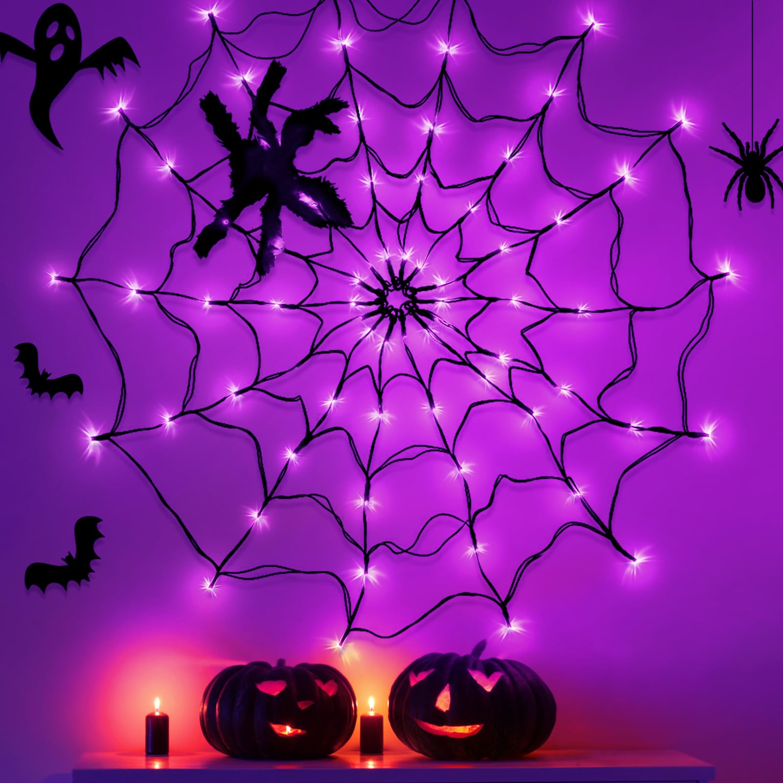 Halloween Decorations CNMTCCO Halloween Spider Web Lights With Plush Spider - Spooky Indoor Light-Up Decorations For Kids Party Haunted House Window Decor (3FT/100CM） (Purple)