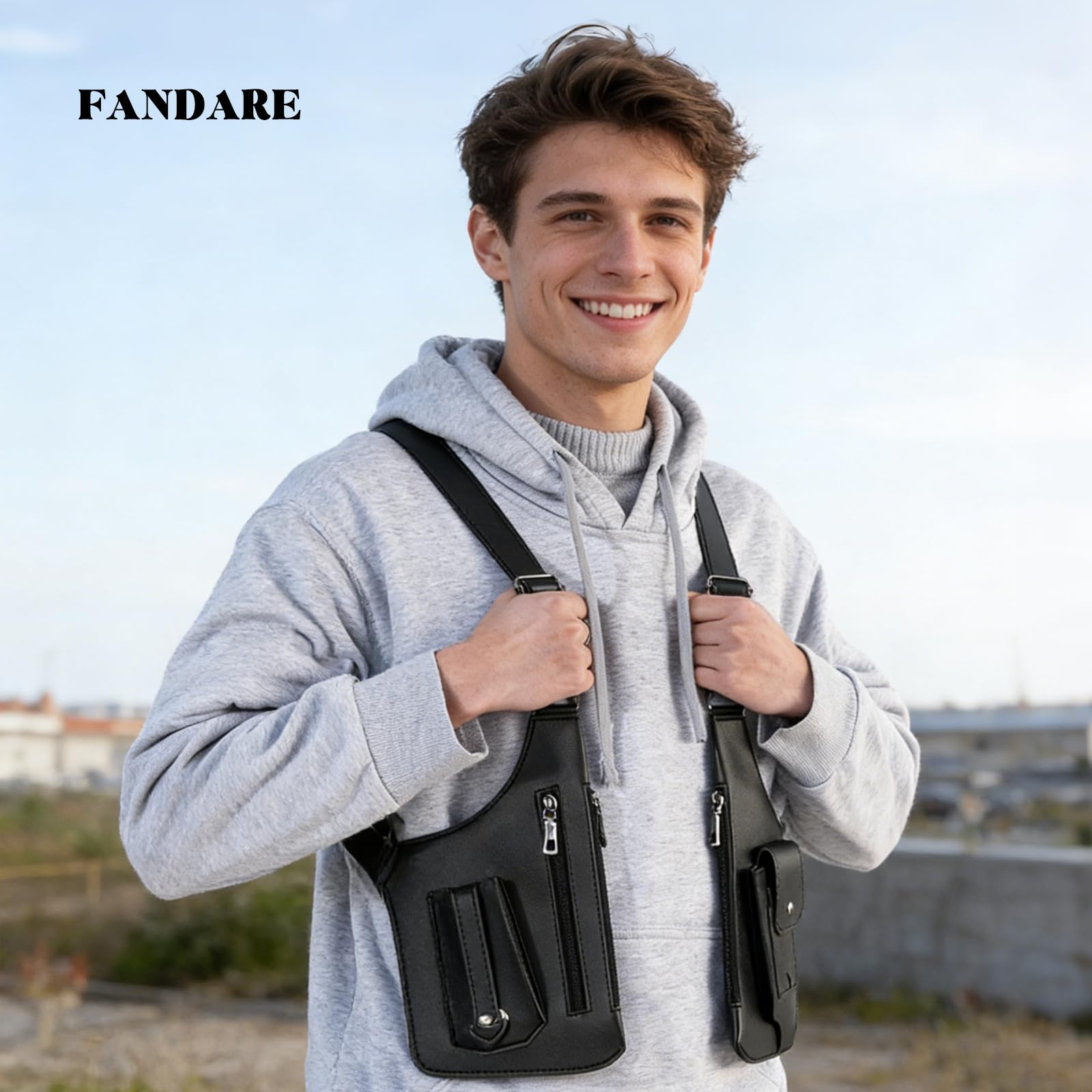 FANDARE Antivol Sac Poitrine Sac sous les bras Sacs de Double Bandoulière en cuir PU Sacoche holster d'Epaule pour Homme Femme Voyage Randonnée Vélo Camping Excursion Impermeable Sling Crossbody bag