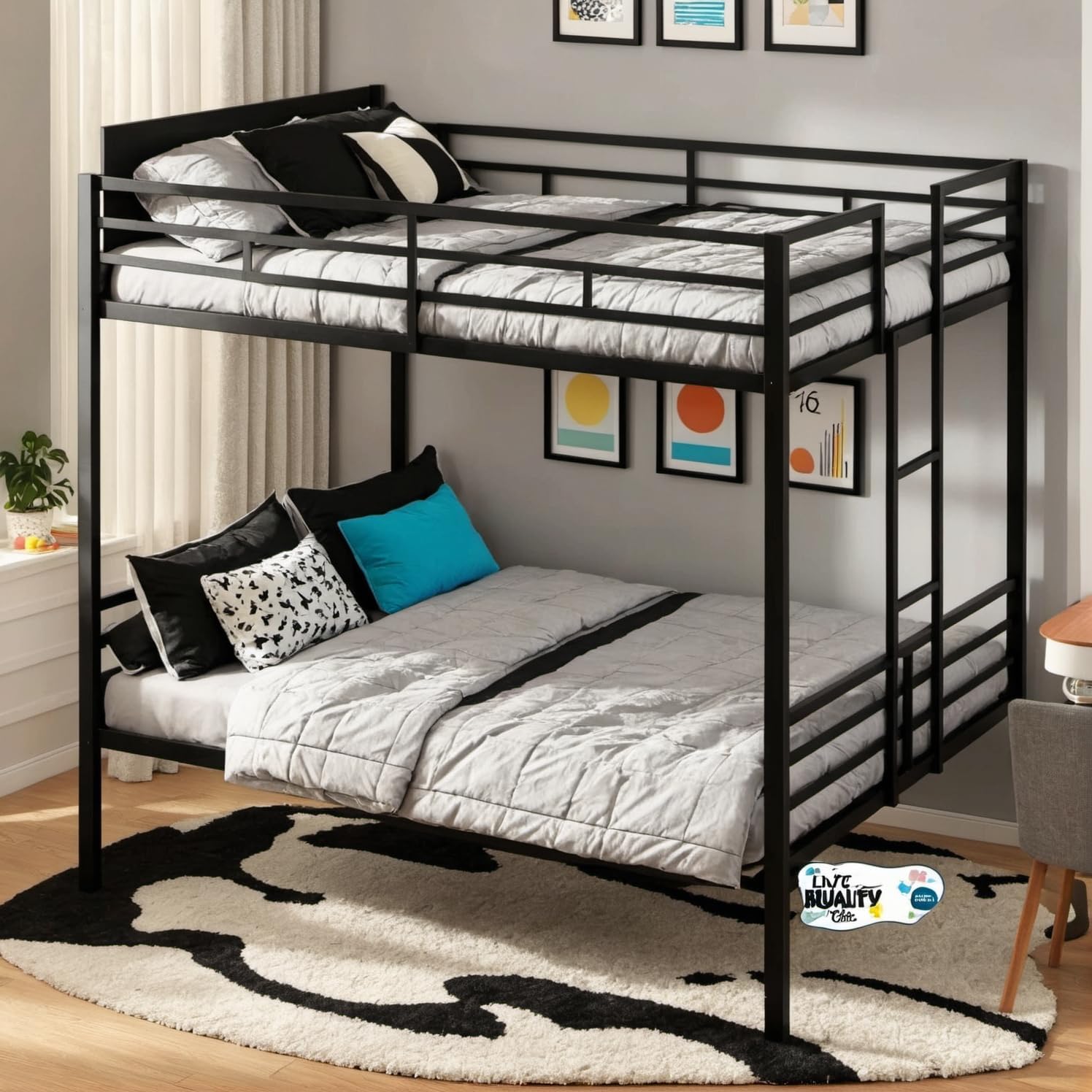Queen Over Queen Metal Bunk Bed with Convertible 2 Beds for Kids,Heavy Duty Bunk Bed w/Ladder & Full Length Guardrail No Box Spring Needed,for Dorm,Bedroom,Guest Room, Black