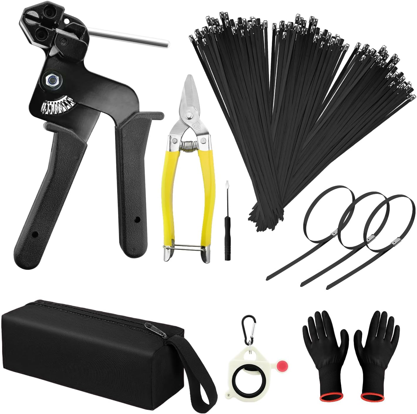 Black Metal Zip Ties with Stainless Steel Cable Tie Gun for Fastening and Cutting Metal Cable Ties, with 150pcs 11.8inch Uv Resistant Steel Zip Ties for Chain Link Fence, Exhaust Pipe