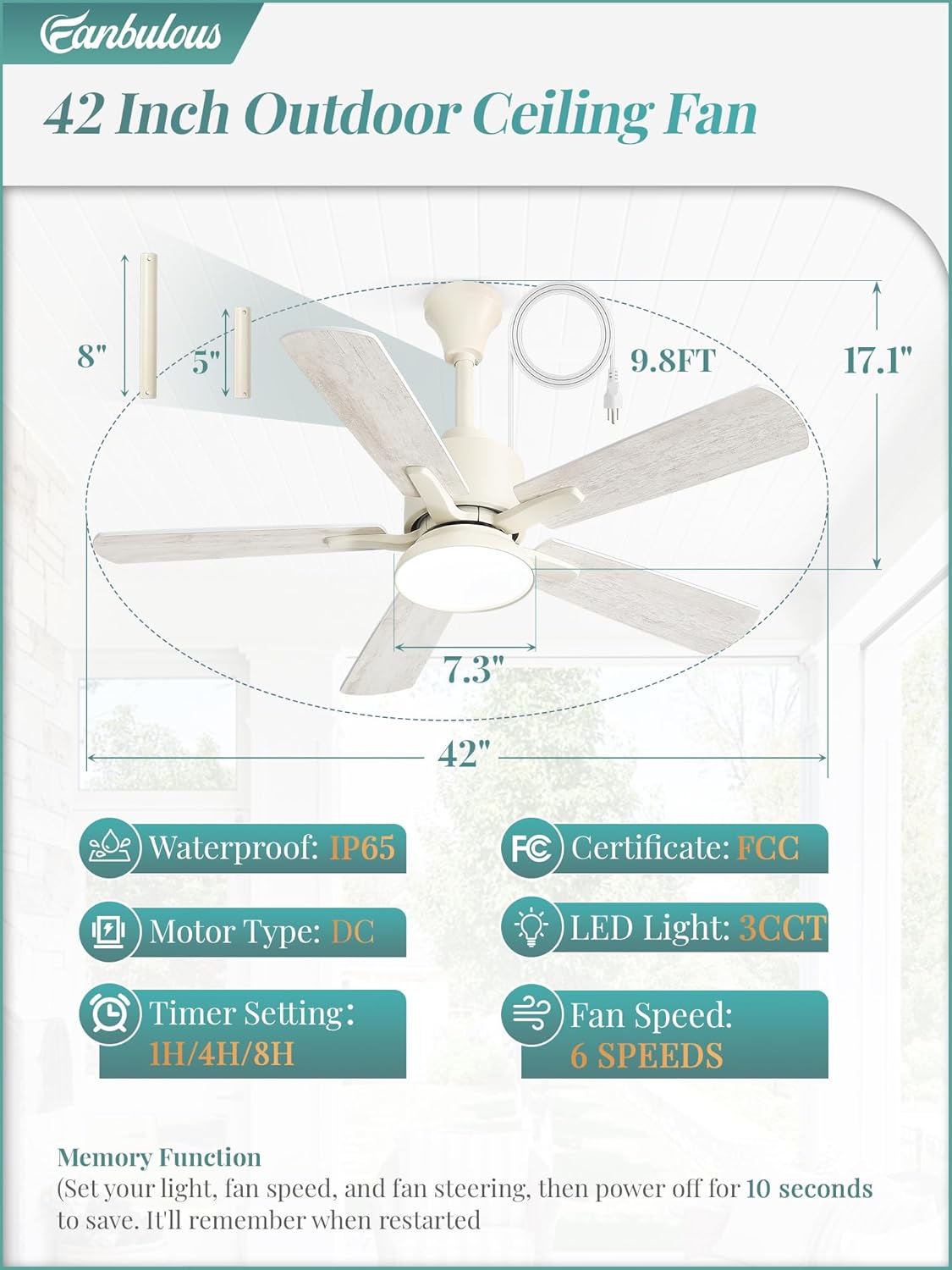 Fanbulous 42" Outdoor Ceiling Fans with Light for Patios, IP65 Waterproof Gazebo Fan, Plug in Ceiling Fan with Remote, 3CCT 6-Speed White Ceiling Fan with Hanging Hook for Porch, Pergola,Canopy