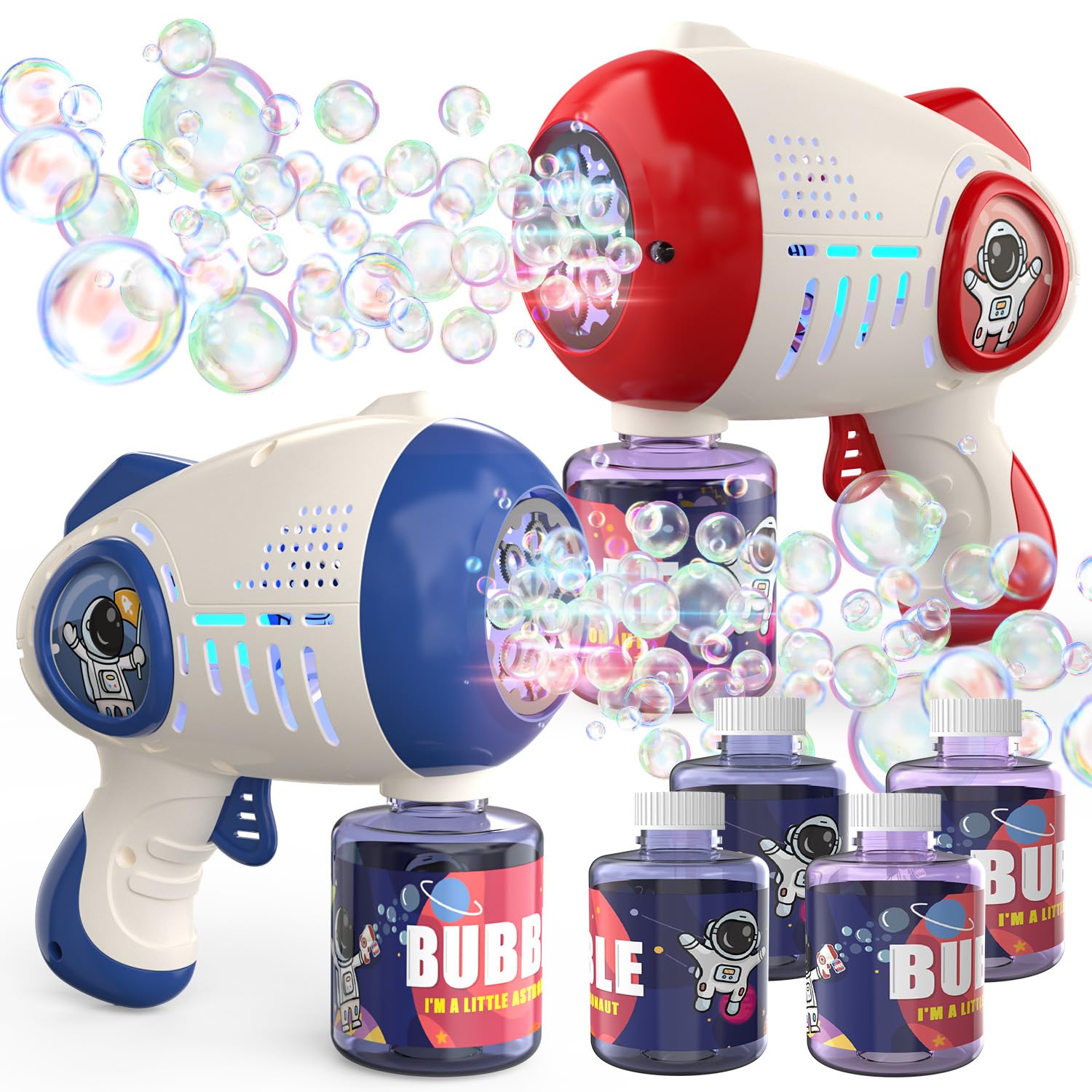 EagleStone 2 Bubble Guns Machine for Toddlers, 8 Hole Light Up Bubble Maker with 4 Refill Solution for Kids, Automatic Bubble Blower for Easter Basket Stuffers Summer Outdoor Toys, Party Favor Gift