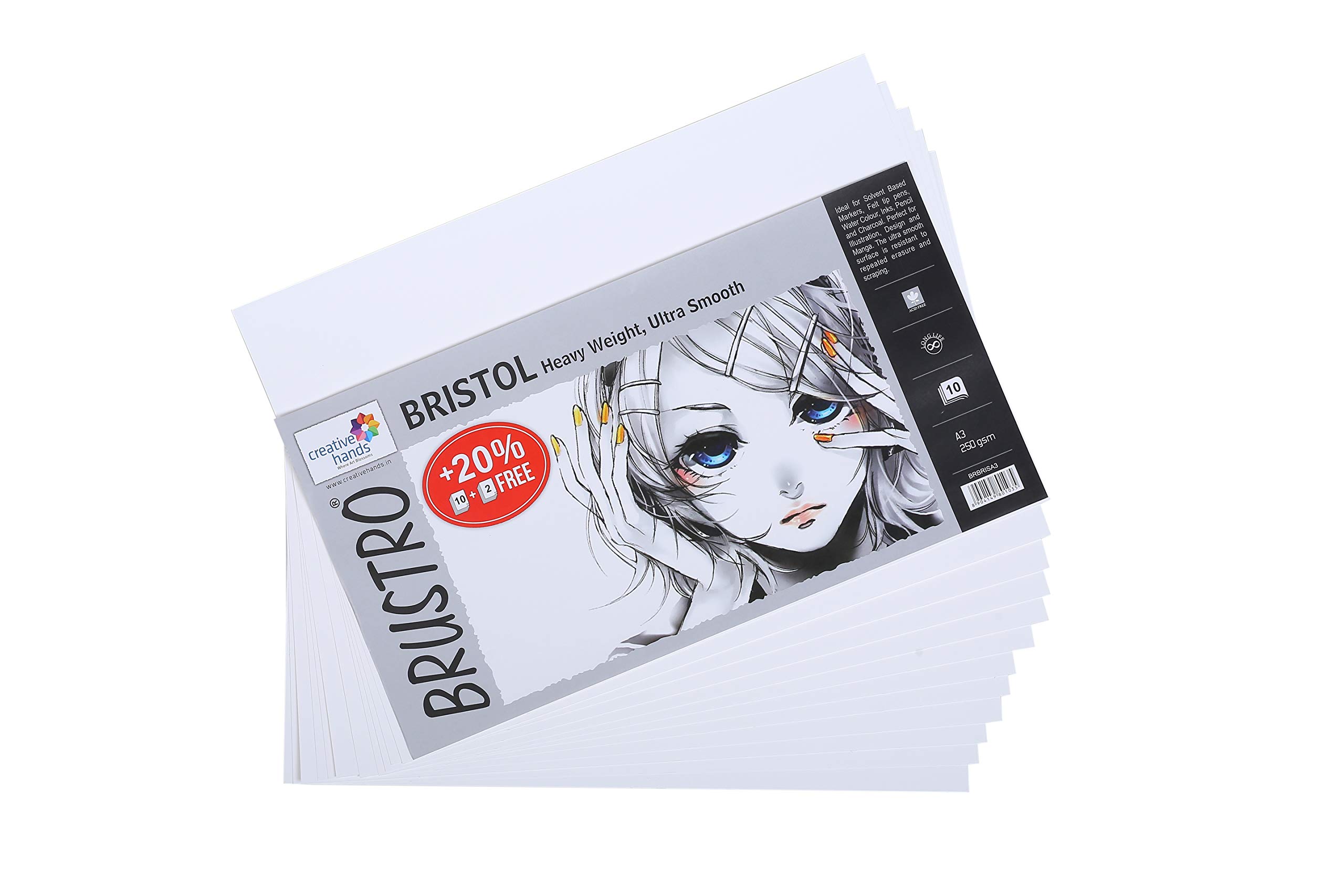 BRUSTRO Ultra Smooth Bristol Sheets | A3, 250 GSM | Pack of 10+2 Sheets | Ideal for Pencil & Charcoal, Illustration, Design, Sketching, Drawing, Ink, Airbrush — Amazon image 3