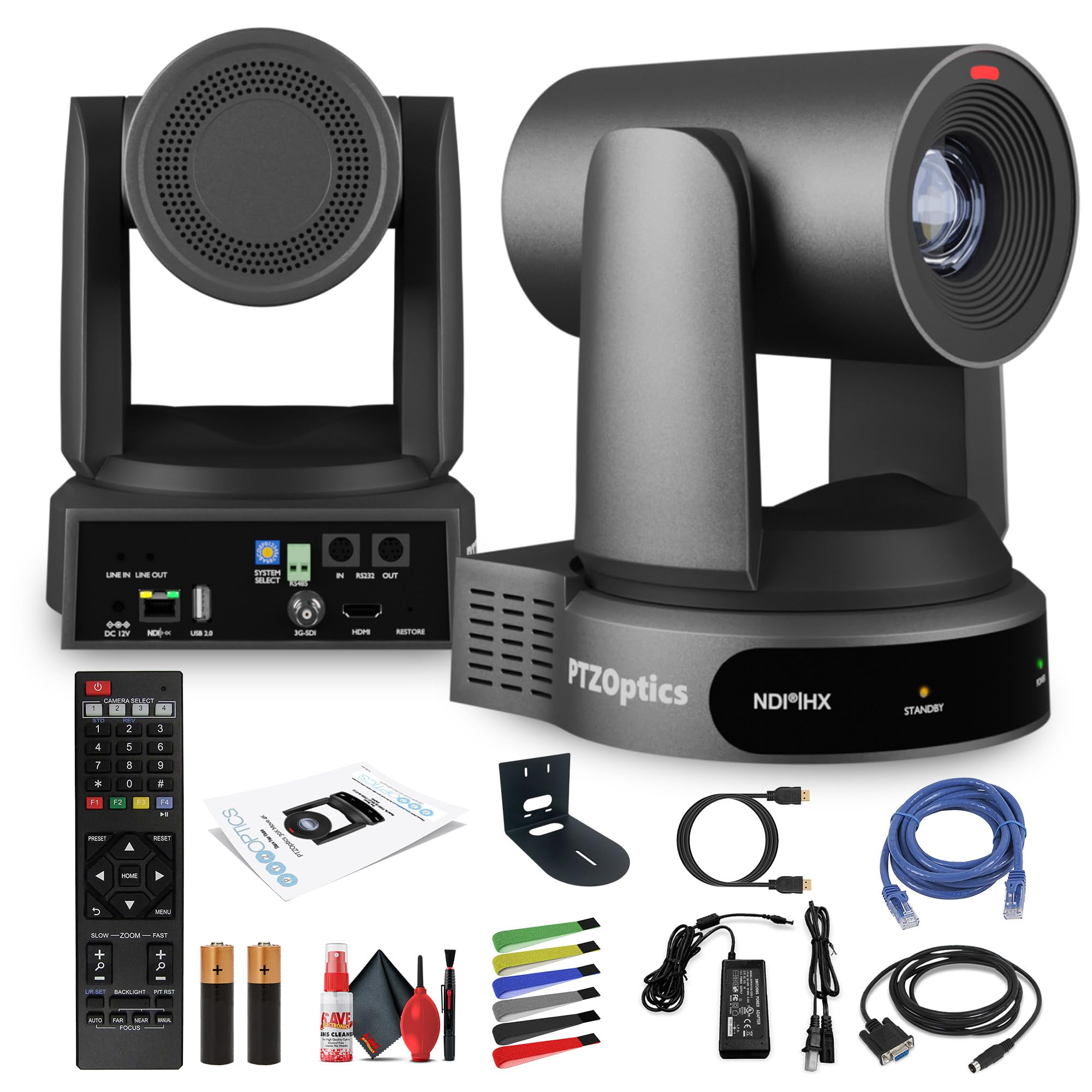 PTZOptics Move 4K SDI/HDMI/USB/IP PTZ Camera with 30x Optical Zoom (Gray) (PT30X-4K-GY-G3) + Universal Wall Mount (Black) + Lens Cleaning Kit + HDMI