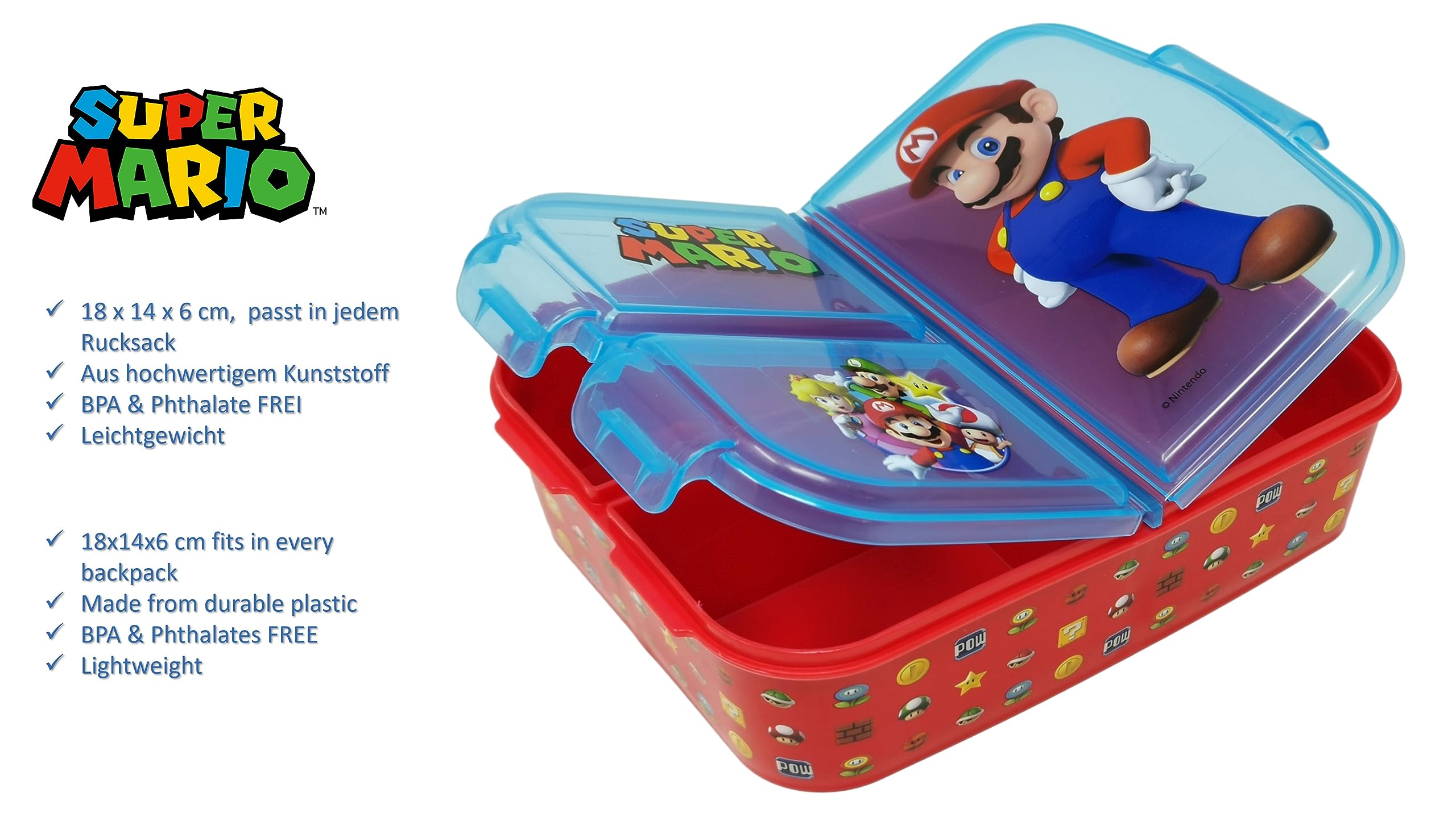 Fiambrera para niños, con compartimentos, para guardería, de plástico sin bisfenol A (Super Mario)