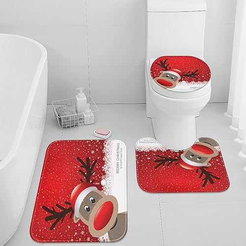 Britimes Juego de 3 tapetes de baño de Navidad, lindos ciervos rojos, juego de 3 tapetes de baño para baño, cubierta lavable antiseda, decoración