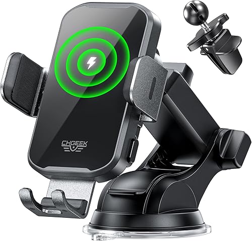 CHGeek Soporte de teléfono inalámbrico para cargador de automóvil, carga rápida de 15 W, soporte de teléfono con abrazadera automática para tu