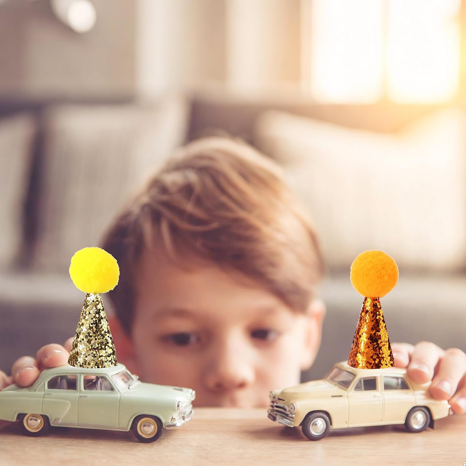 Tinoaly 10pcs Mini Party Hats with Pearl, Colorful Glitter Adjustable Cone Hats with Pom Poms for Crafts Dolls Stuffed Animals & Birthday Parties Supplies