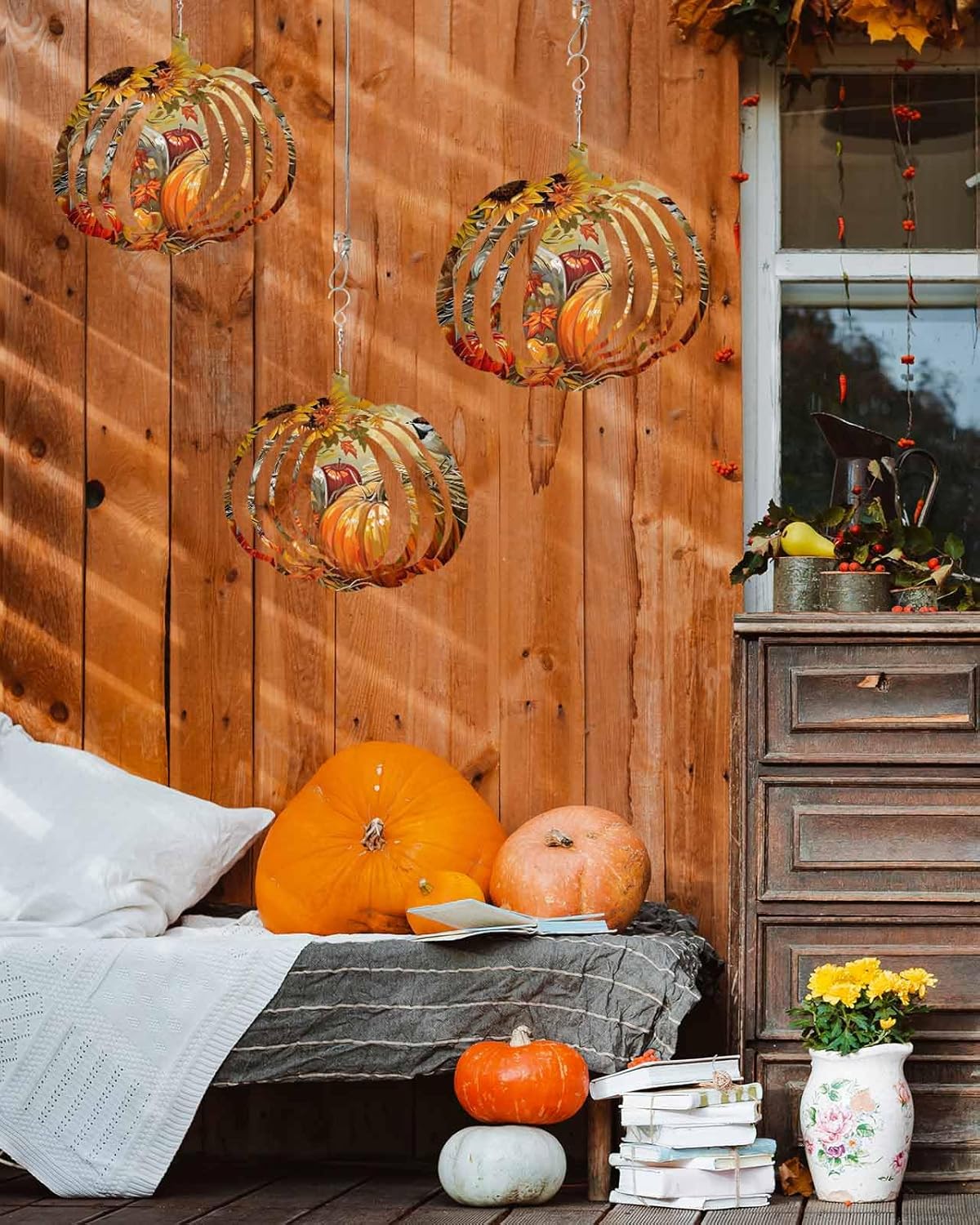 Fall Wind Spinners for Yard and Garden Bird Pumpkin Wind Spinner Sunflower Maple Leaves 3D Metal Stainless Steel Pumpkin Wind Sculptures Chimes Outdoor Patio Thanksgiving Hanging Decor 12 Inch