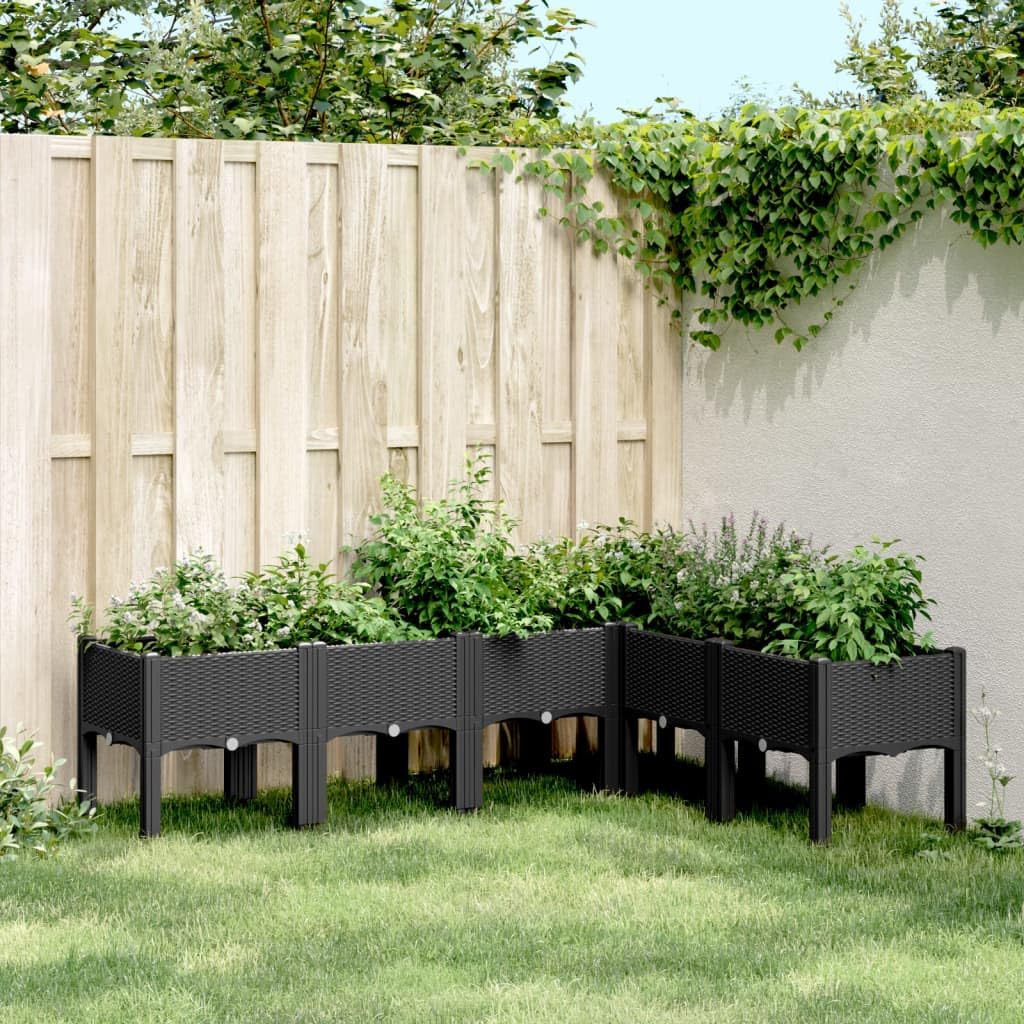 Duża donica ogrodowa z nóżkami czarna 160x120x42 cm PP rattanowa na taras patio podwyższona do roślin pnących warzyw kwiatów odporna na uderzenia pojemna