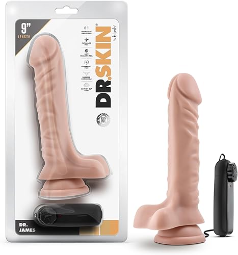 Blush Novelties Dr. Skin - Consolador vibrador realista de 9.5 pulgadas con control remoto, 1.75 pulgadas de grosor, ventosa compatible con correa