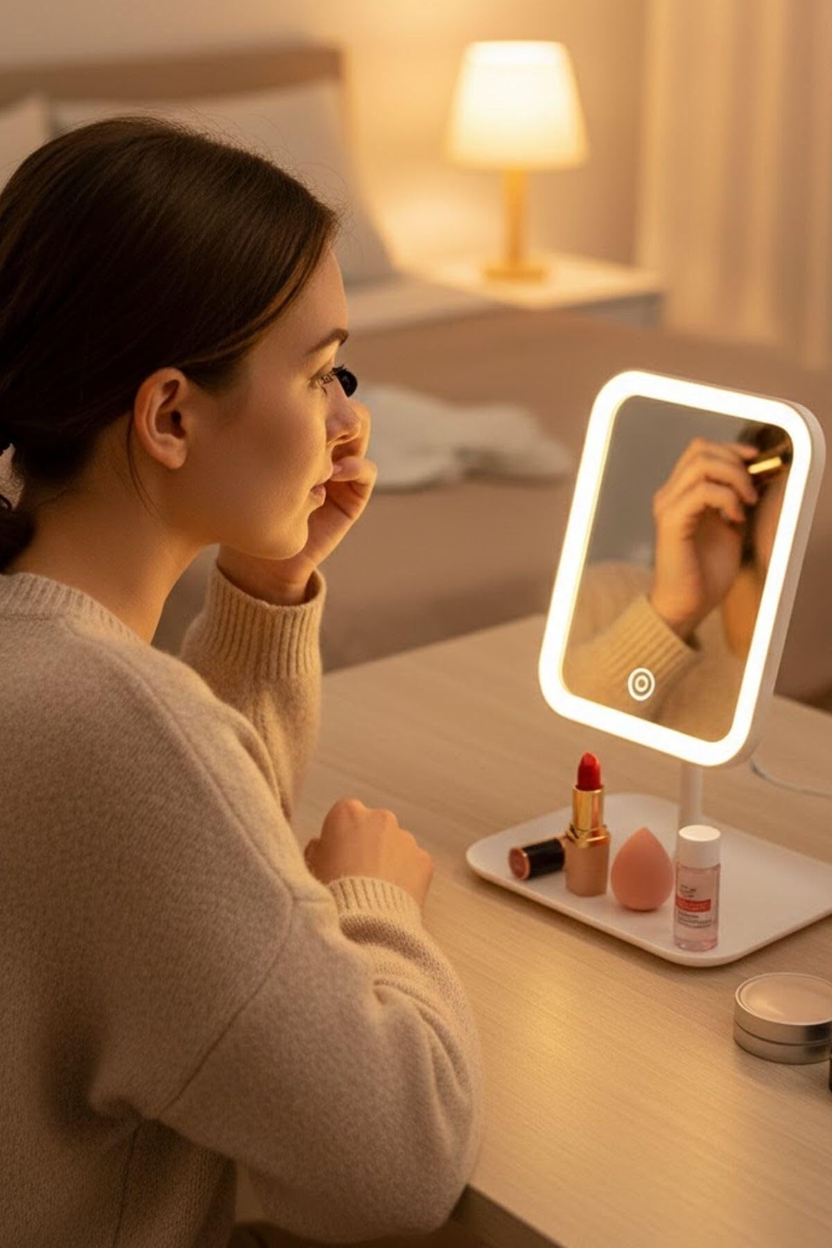 BUFFER® Dokunmatik LED Işıklı Kare Makyaj Aynası – Altı Organizer Kaseli, Ayarlanabilir Aydınlatmalı Masaüstü Makyaj ve Cilt Bakım Aynası