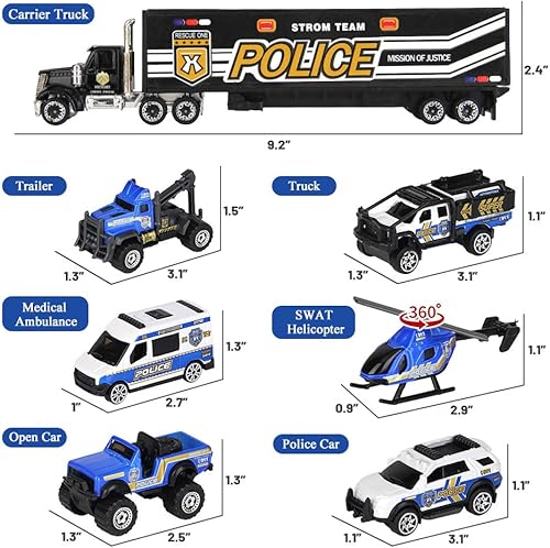 Miniatura 2 de OENUX Juguetes de coche de policía para niños con alfombrilla de juego de ciudad camión portador de vehículos fundidos helicóptero SWAT camión de