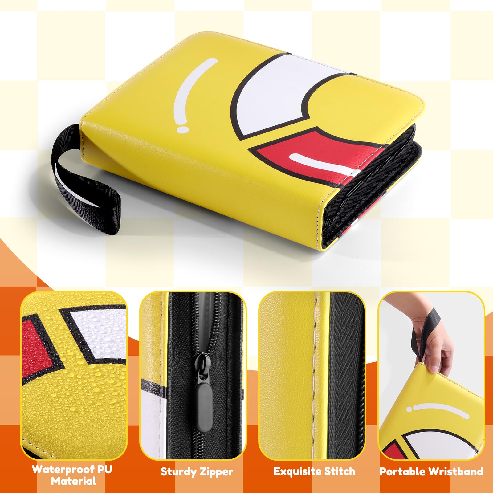 Trading Card Binder-400 Card Holder, 4 Pockets with Removable 50 Sleeves, Card Collector Album with Zipper, Portable Display Storage Holder Book for Sports Card, Game Card(Yellow)