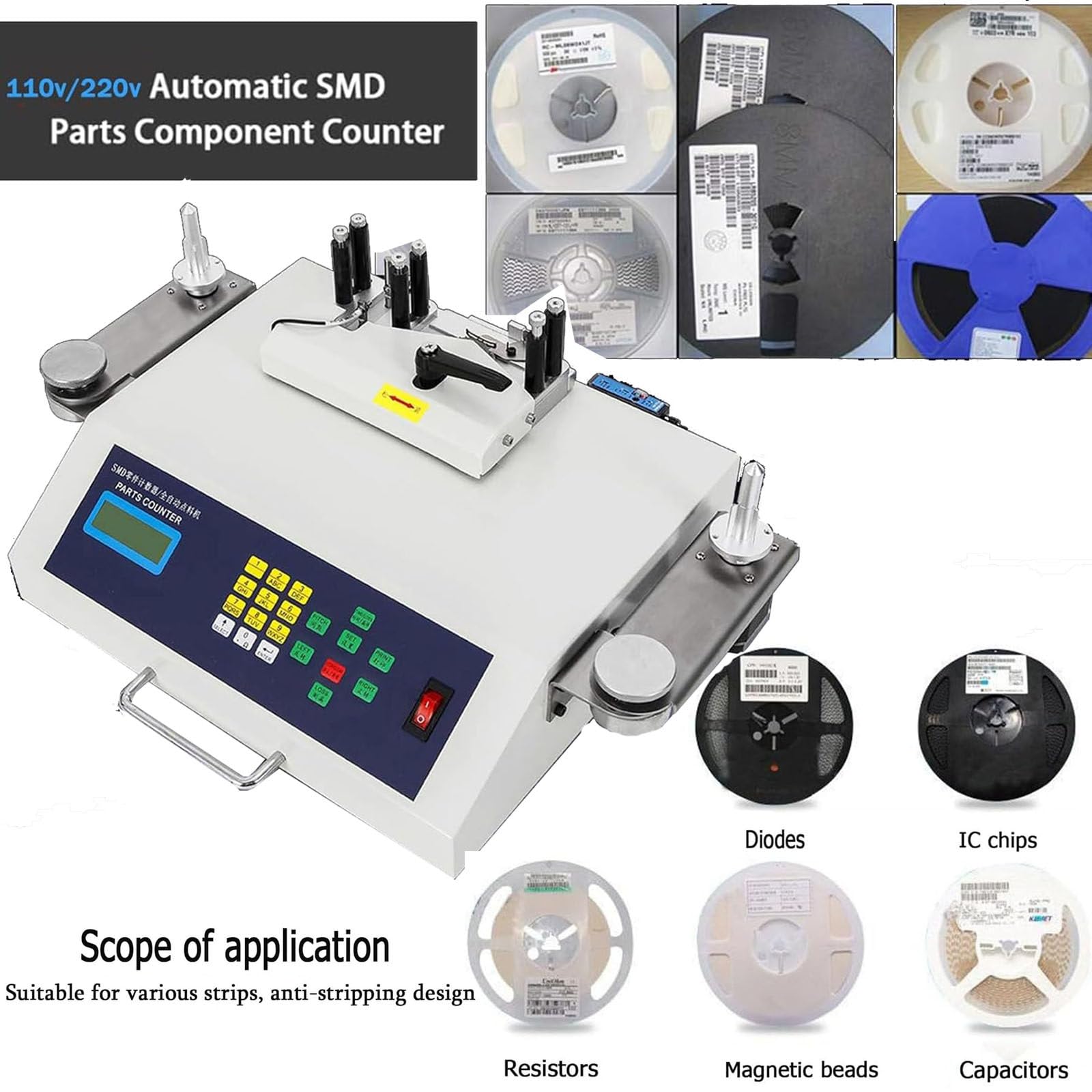 Contatore automatico delle parti SMT SMD, macchina di conteggio delle bobine dei componenti elettronici da 50 W, con rilevamento delle perdite, regolazione della velocità multilivello, per