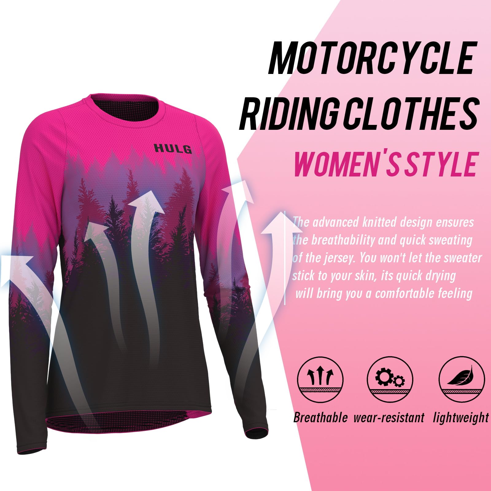 HULG Maillot de Cyclisme Femme Manches Longues, VTT, 100% Polyester, Séchage Rapide, Respirant