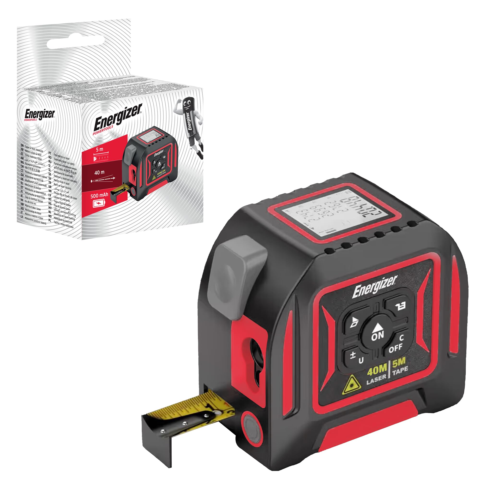 Energizer – Telémetro láser 2 en 1, medidor láser de 40 m y Cinta métrica de 5 m, Pantalla LCD, Recargable USB-C, medidor de Cinta láser Digital medidor de Volumen – batería de Larga duración