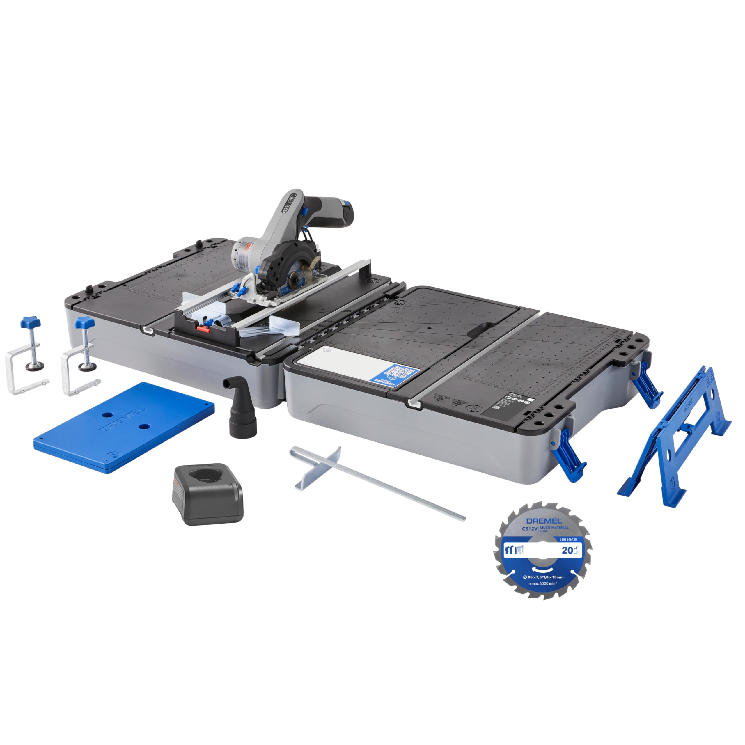 Dremel Blueprint 12V Saw Station Portatile Brushless con Sega Compatta Senza Fili, 1 Mobile Mallet, 2.0 Ah Batteria+Caricabatterie, 1 Lama per sega multimateriale, 1 Guida di taglio, 2 Morsetti